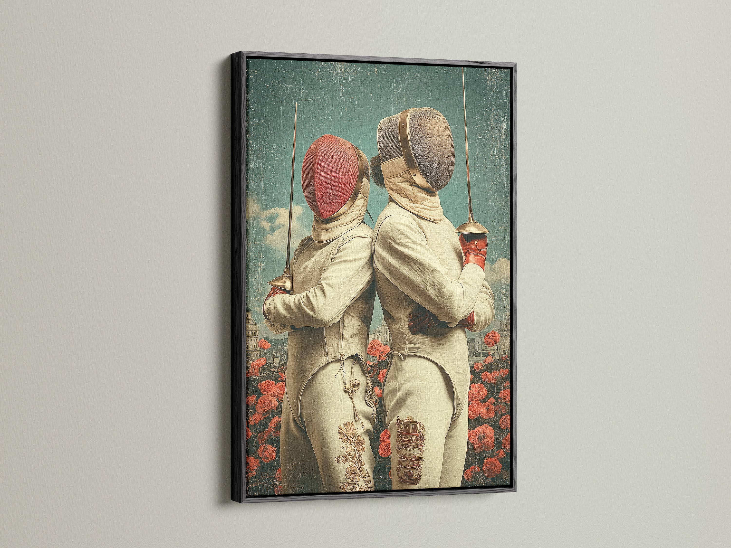 This vintage fencing artwork is presented in a black frame. The surreal sports art displays two fencers. The background features red flowers and a cityscape. It's a stylish addition to your sports memorabilia collection.