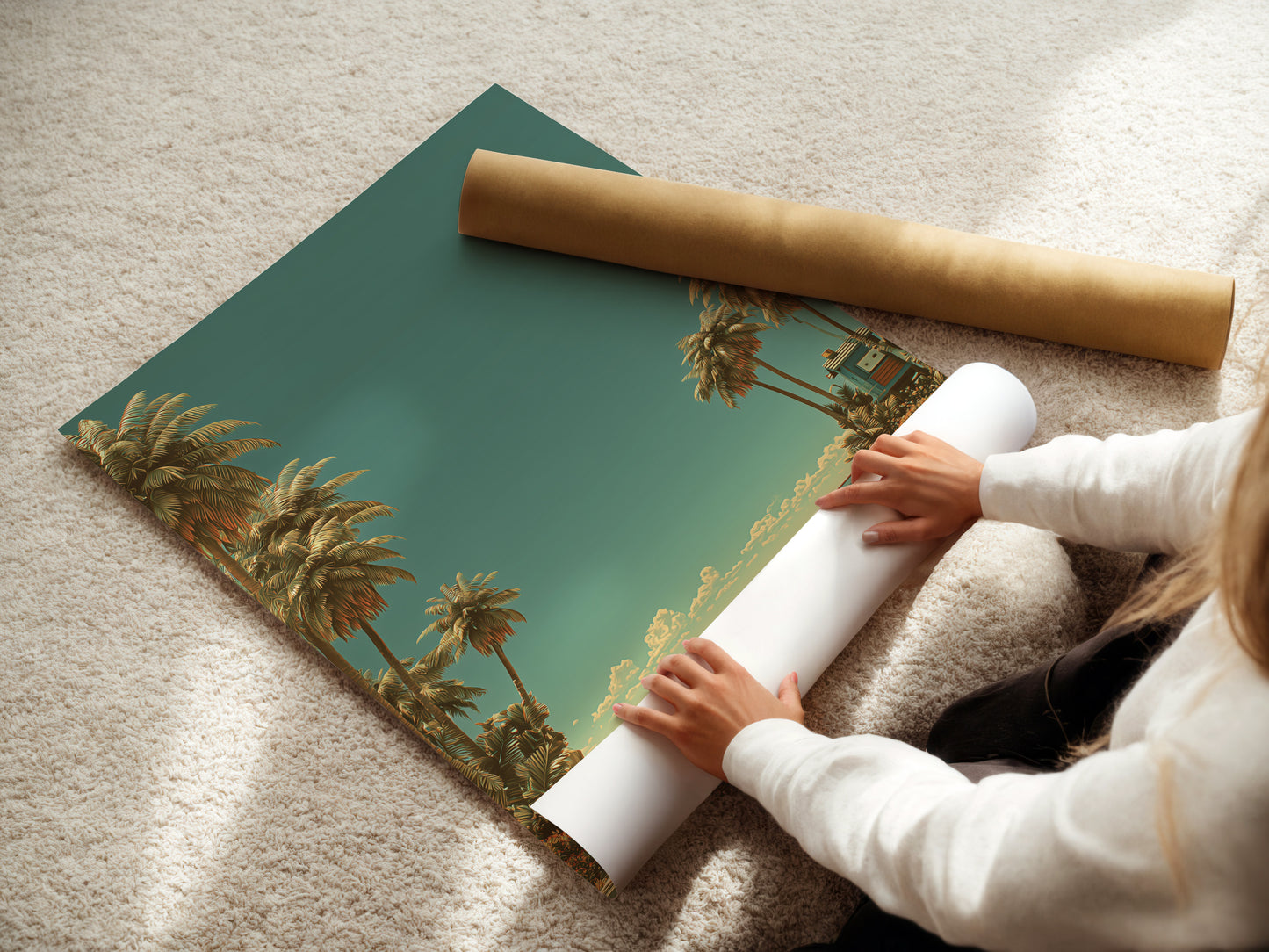 A woman is carefully rolling a fine art poster paper. The paper is high-quality. It ensures the artwork remains pristine. Preserve your favorite artwork with our premium fine art paper.