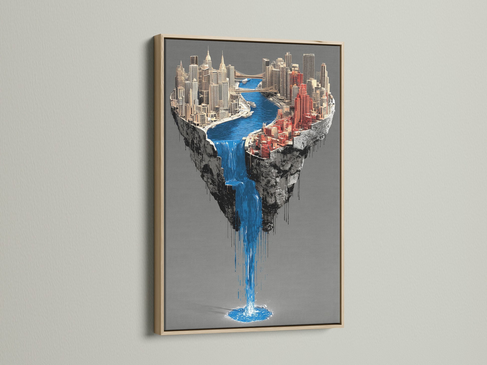 A captivating oak frame encases a surreal city waterfall artwork. This piece features a floating island canvas print. The urban wall art brings a contemporary touch to any space. Its unique waterfall print enhances modern office decor. This artwork is a stunning blend of fantasy and architecture.