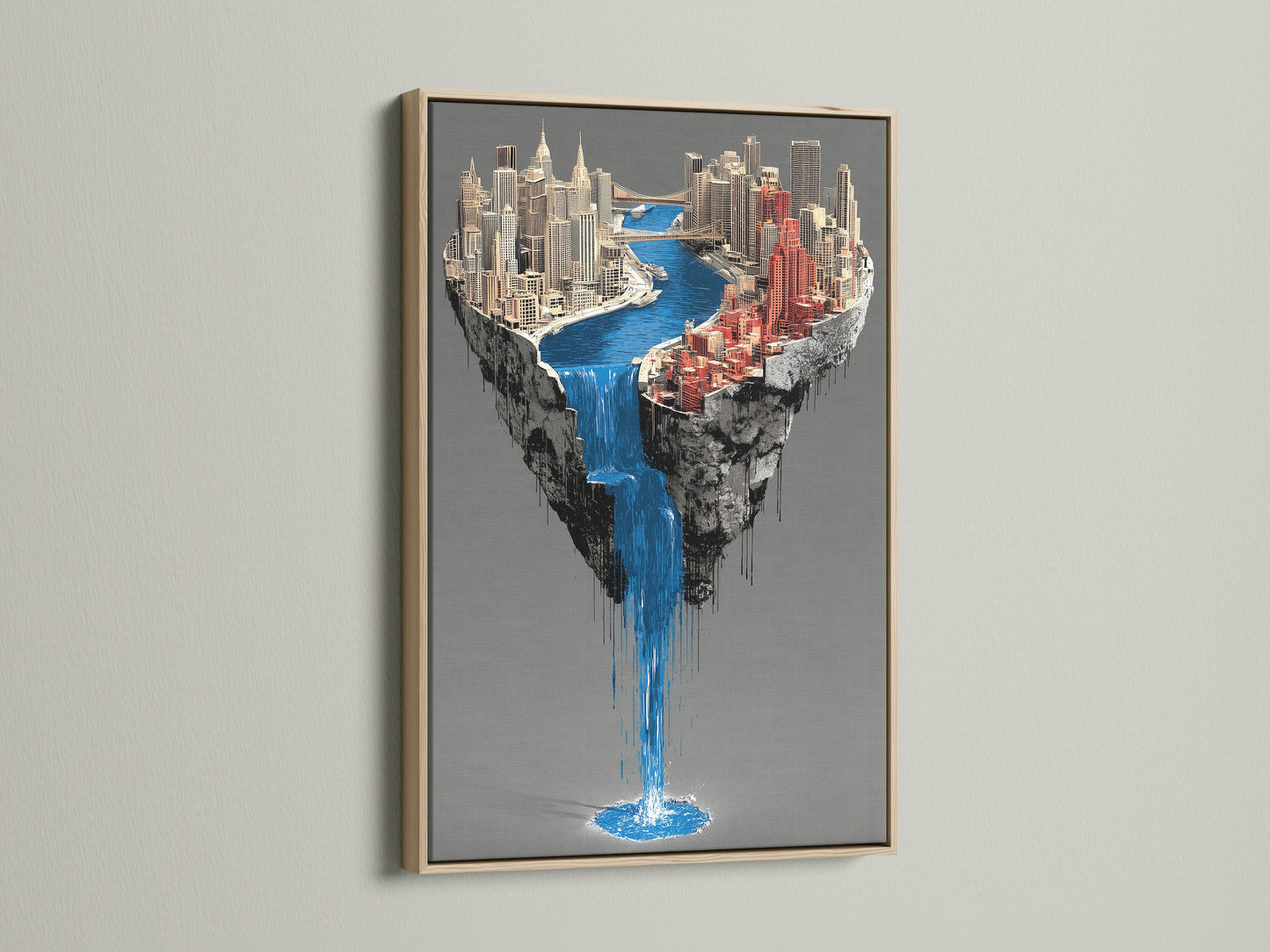 A captivating oak frame encases a surreal city waterfall artwork. This piece features a floating island canvas print. The urban wall art brings a contemporary touch to any space. Its unique waterfall print enhances modern office decor. This artwork is a stunning blend of fantasy and architecture.