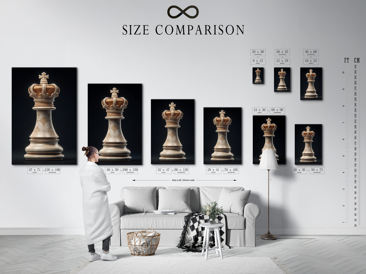 A size comparison chart is presented in an interior setting. It provides a visual reference for different artwork dimensions. This chart assists customers in selecting the perfect size. The artwork complements their space and preferences.