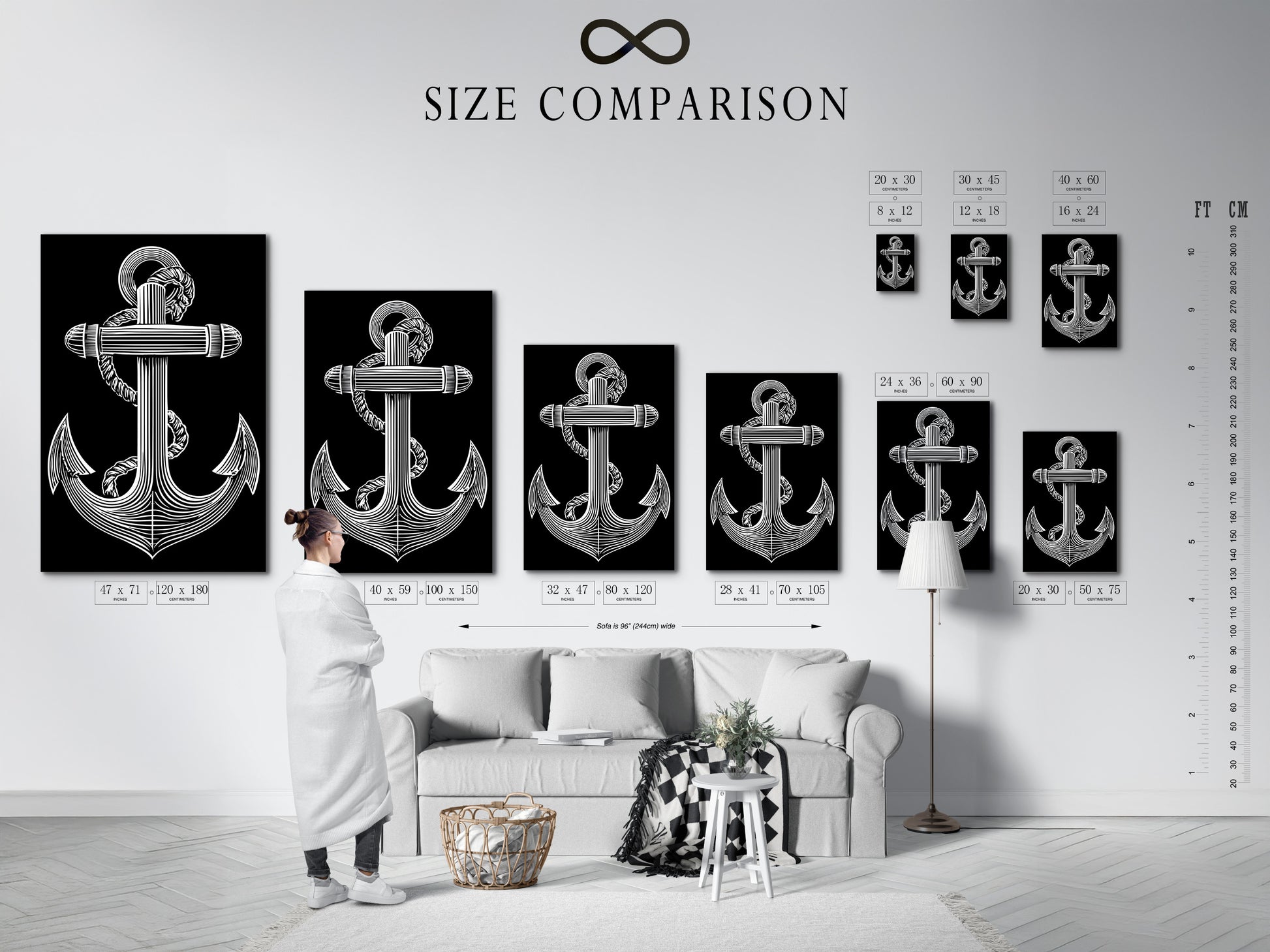 Size comparison chart displayed in a home interior. This chart helps visualize the different art print sizes. Find the perfect size art to fit your space and style. Make informed decisions when selecting your artwork. Explore our size options and transform your decor. Visualize the possibilities for your home