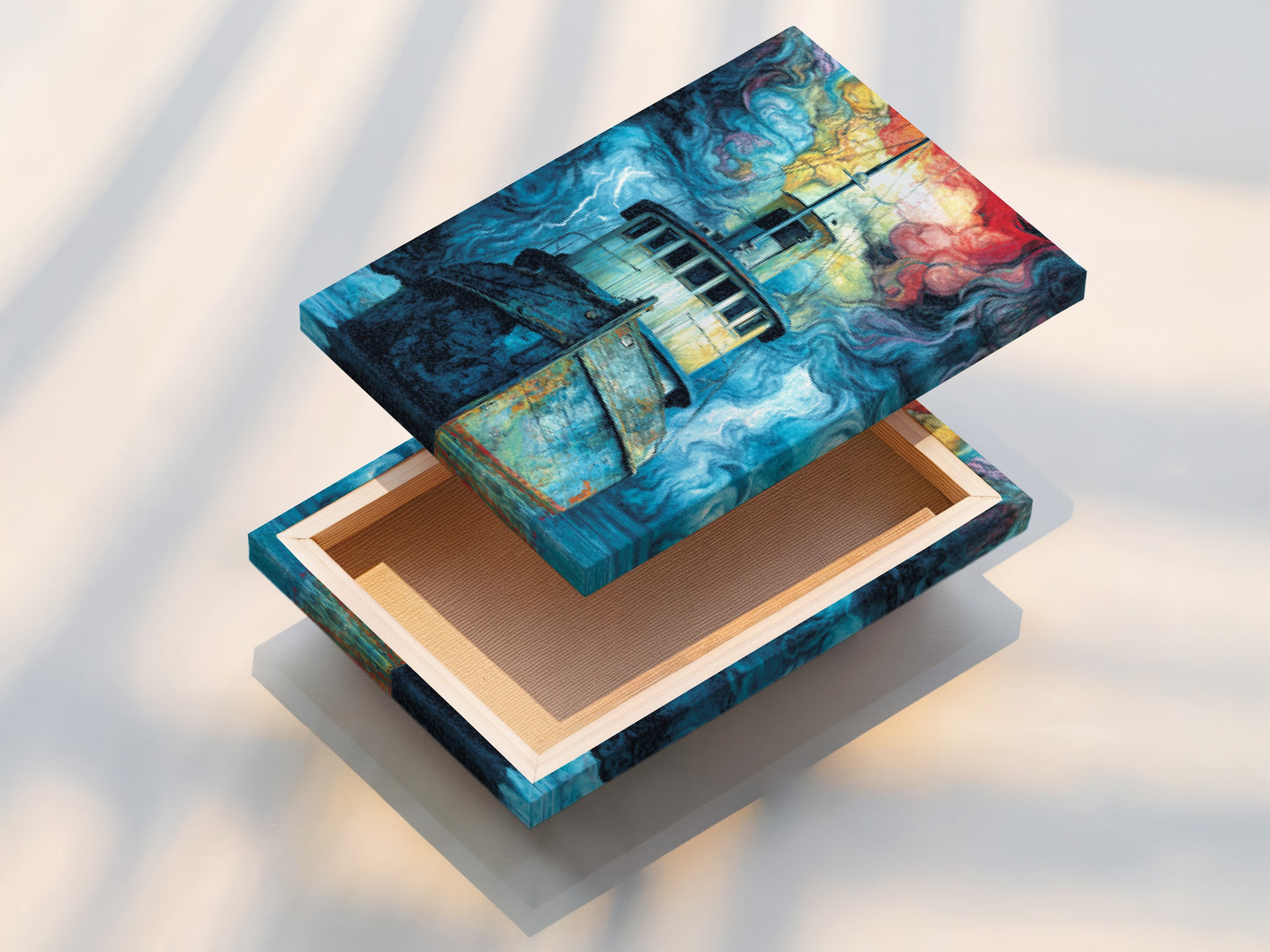 A stretched canvas print of a Fishing Boat artwork. The nautical wall art is ready to hang. The stormy seascape painting is vividly displayed. This boat wall art creates a stunning focal point. Ideal for adding a touch of coastal elegance to your home or office. The canvas print offers a gallery-worthy look.