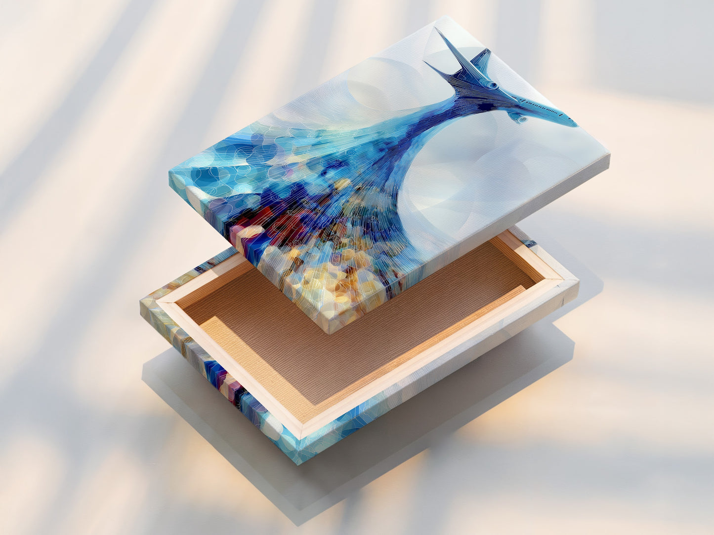 The stretched canvas print showcases the airplane art. The abstract aviation artwork is ready to hang. Teal blue decor enhances any space. A modern way to display your favorite travel poster.