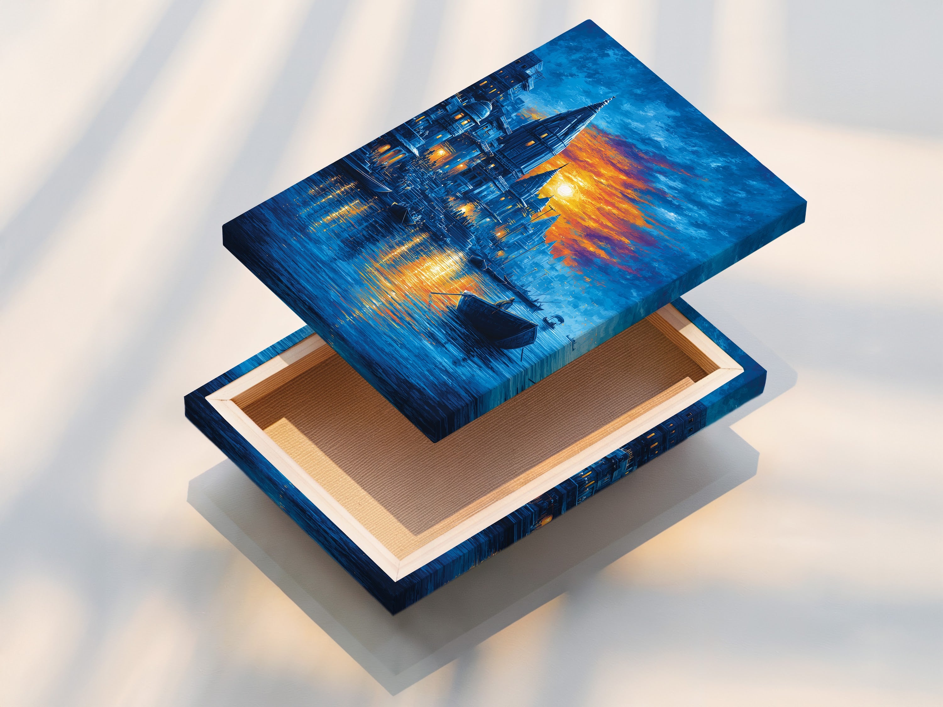 This is a stretched canvas print of the Varanasi Sunset Artwork. The Indian temple art is stretched and ready to hang. This sacred river print brings spiritual wall art to any room. The blue and orange hues create a serene atmosphere. Perfect for yoga studios or bohemian-inspired homes. Enjoy the temple canvas.