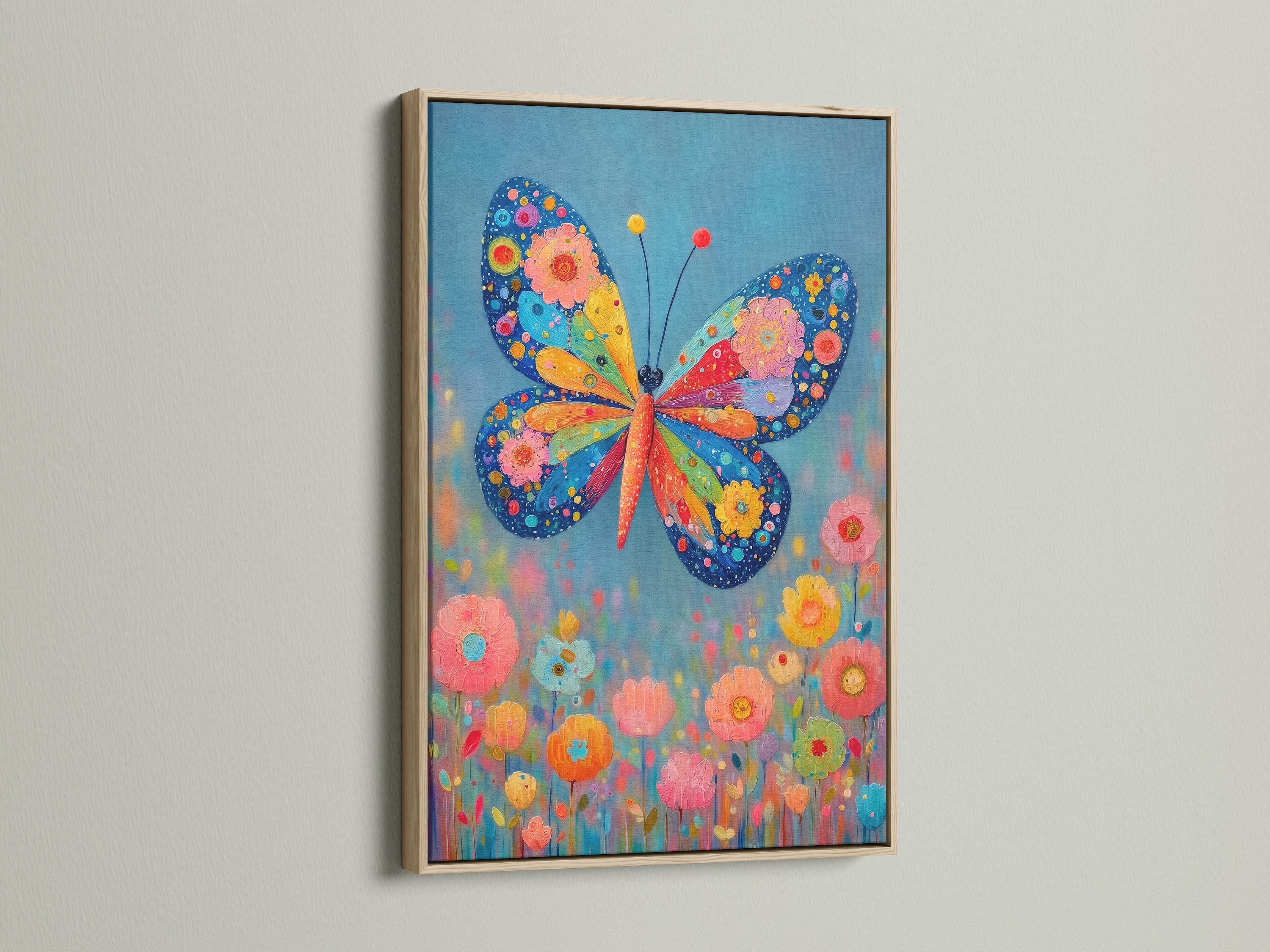 A colorful butterfly artwork is displayed in an oak frame. The artwork features a whimsical insect theme and floral accents. It's perfect for adding a vibrant touch to any room. The oak frame complements the artwork's Bohemian and eclectic style.