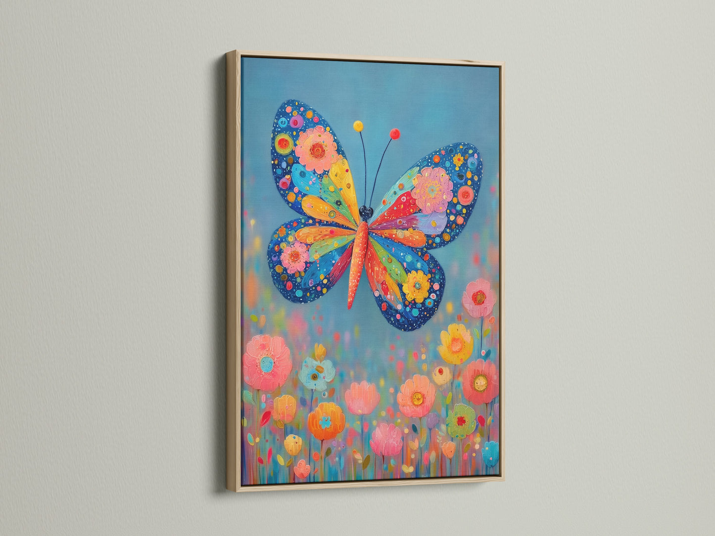 Butterfly Canvas Print in an oak frame. The colorful floral wall art brings a touch of nature. It is perfect for kids room decor. This whimsical art is a vibrant addition to any home.
