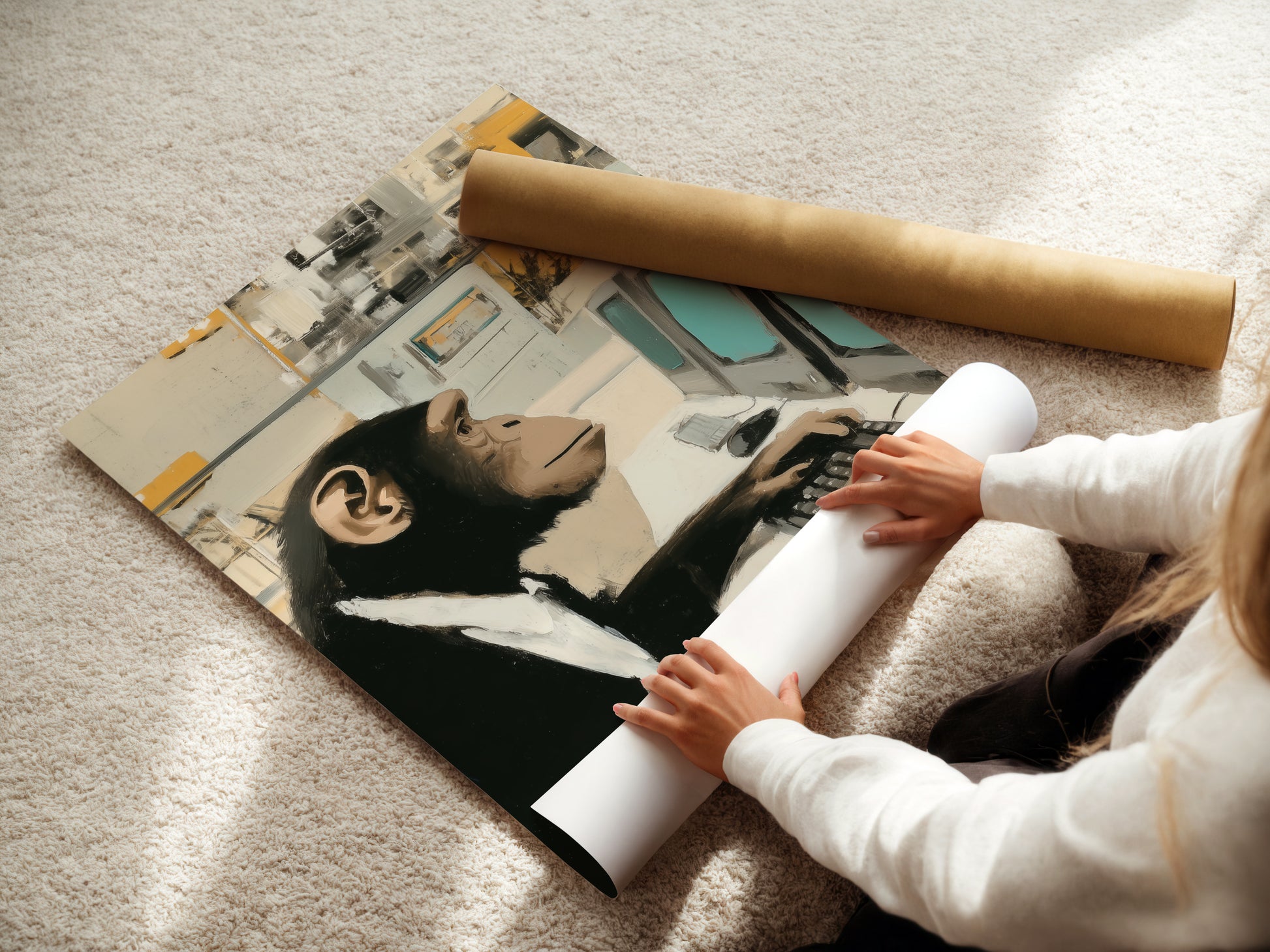A woman carefully rolls a fine art poster paper print. The Monkey Office Art Print is ready for framing. This working animal art is perfect for home or office. The fine art poster paper ensures high quality. This primate artwork is a unique addition to any collection. It is ideal for those seeking elevated decor.