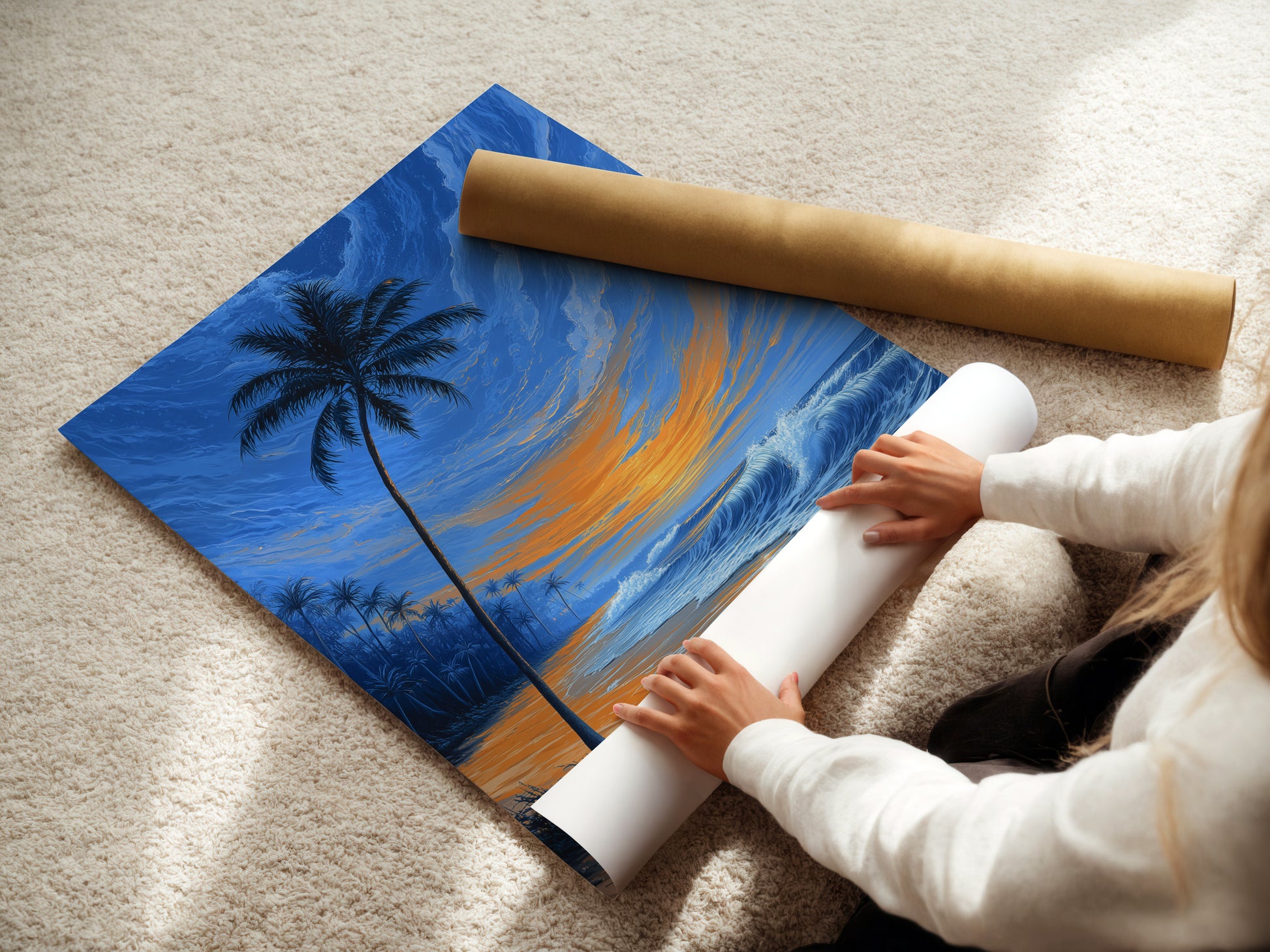A woman is carefully rolling a fine art poster paper. The paper features tropical beach art. It shows a palm tree at sunset and ocean waves. This high-quality print captures the essence of coastal wall decor. Prepare to display your new artwork.