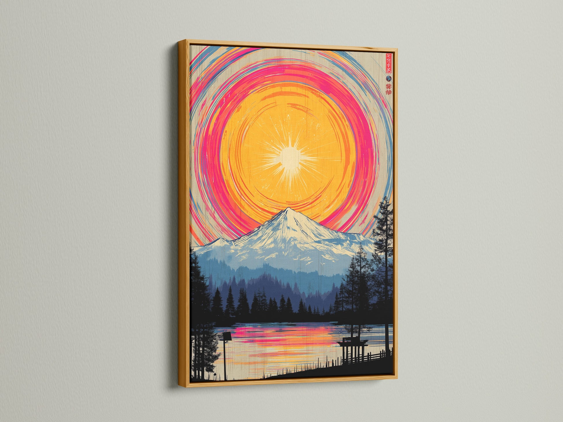 An eye-catching mountain lake artwork is displayed in a gold frame. The vibrant colors of the Japanese style artwork enhance the aesthetic appeal. This colorful landscape poster will transform bedroom decor. The gold frame adds luxury.