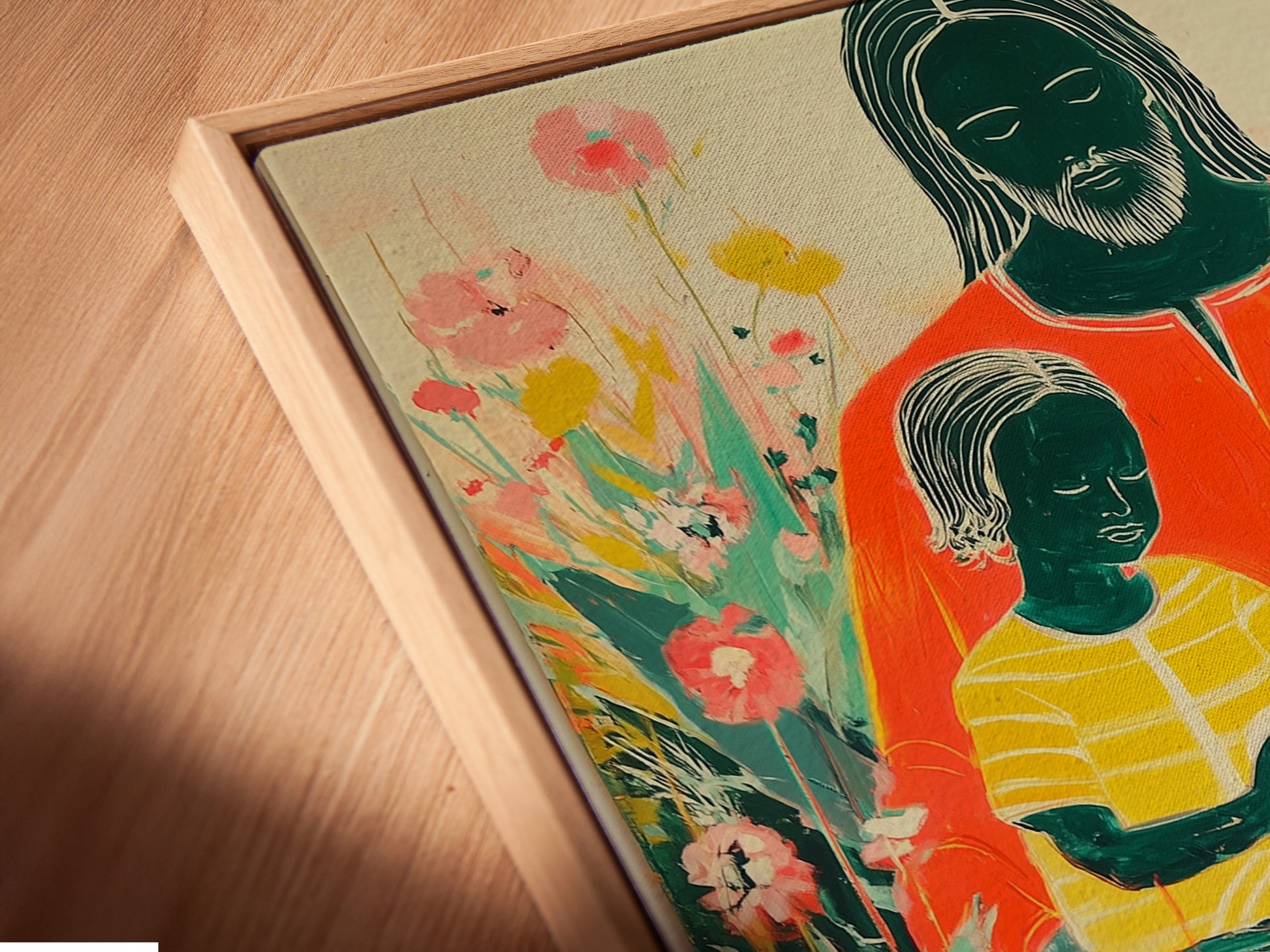 A close-up view of a canvas print in a floating frame. The floating frame gives the artwork a modern look. The canvas print appears to float within the frame. This framing style adds depth to the artwork. Discover the beauty of floating frames.