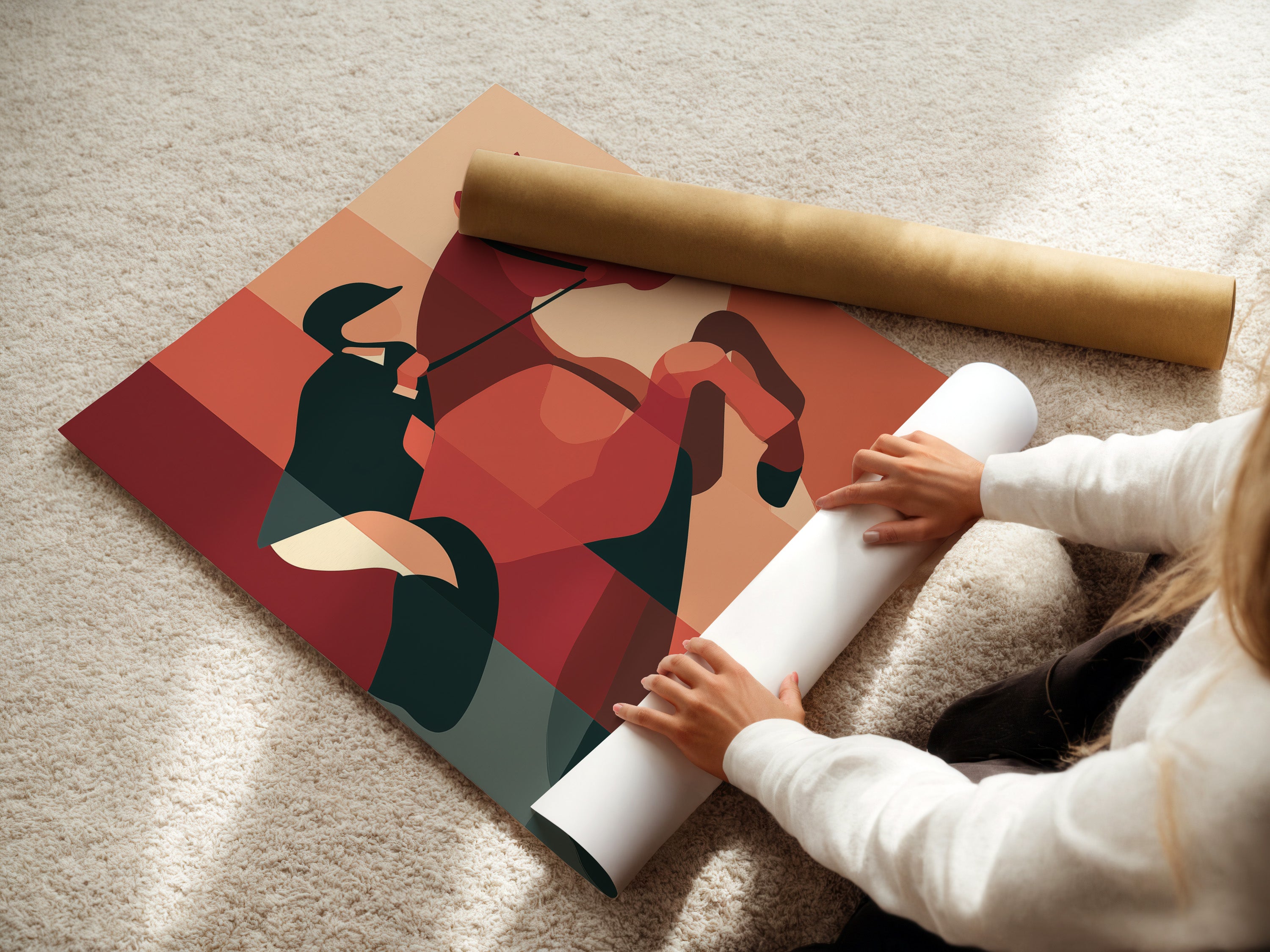 A woman is carefully rolling a fine art poster paper. The poster paper is high quality and ready for framing. Fine art posters are a great way to add art to your home. Purchase high-quality fine art prints.