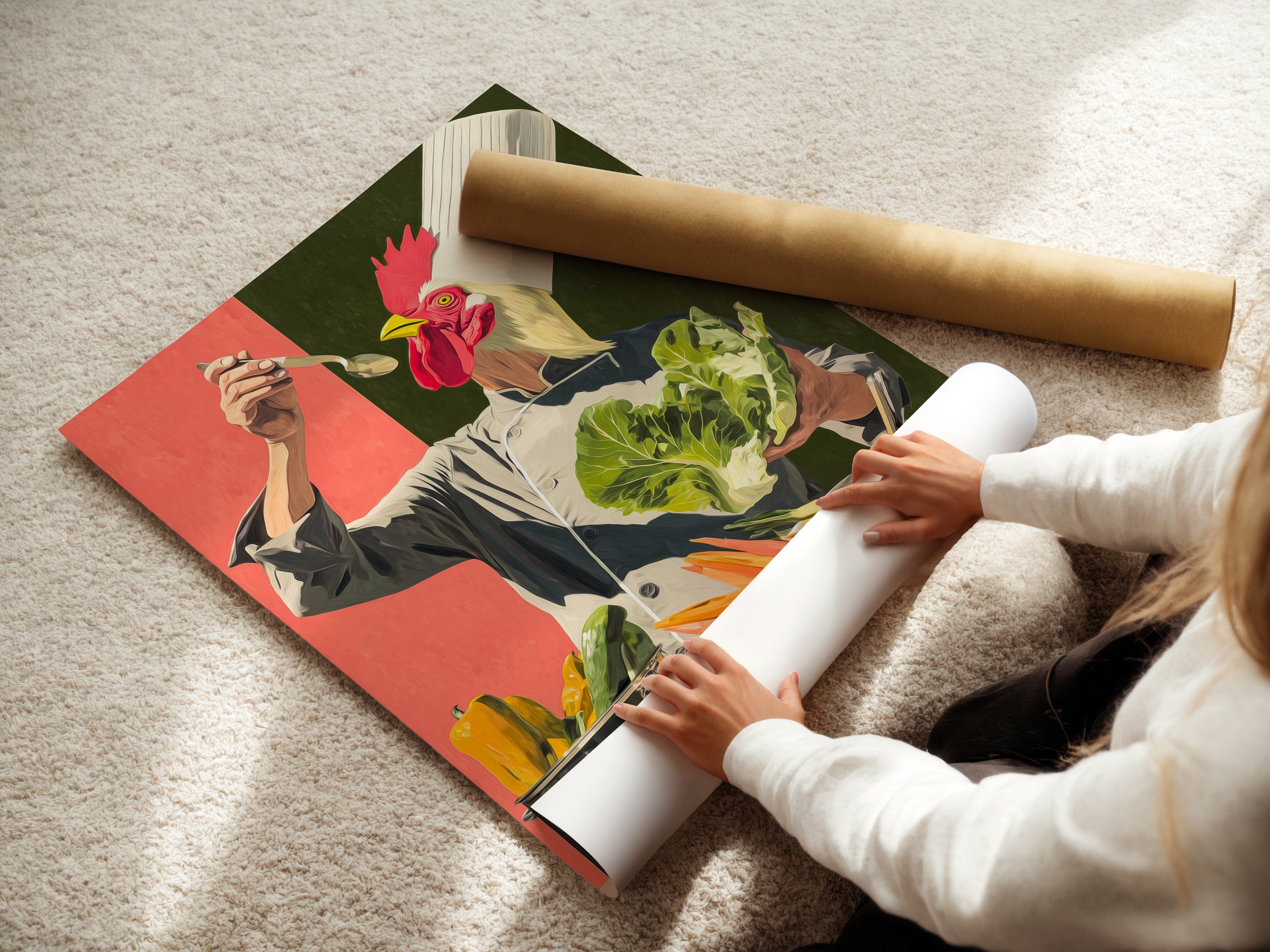 A woman is carefully rolling a fine art poster paper. The paper displays the Chef Rooster artwork. This culinary print is ideal for restaurant decor. It is also great for quirky kitchen art. The artwork is a perfect gift for cooking enthusiasts. This poster adds a playful touch.