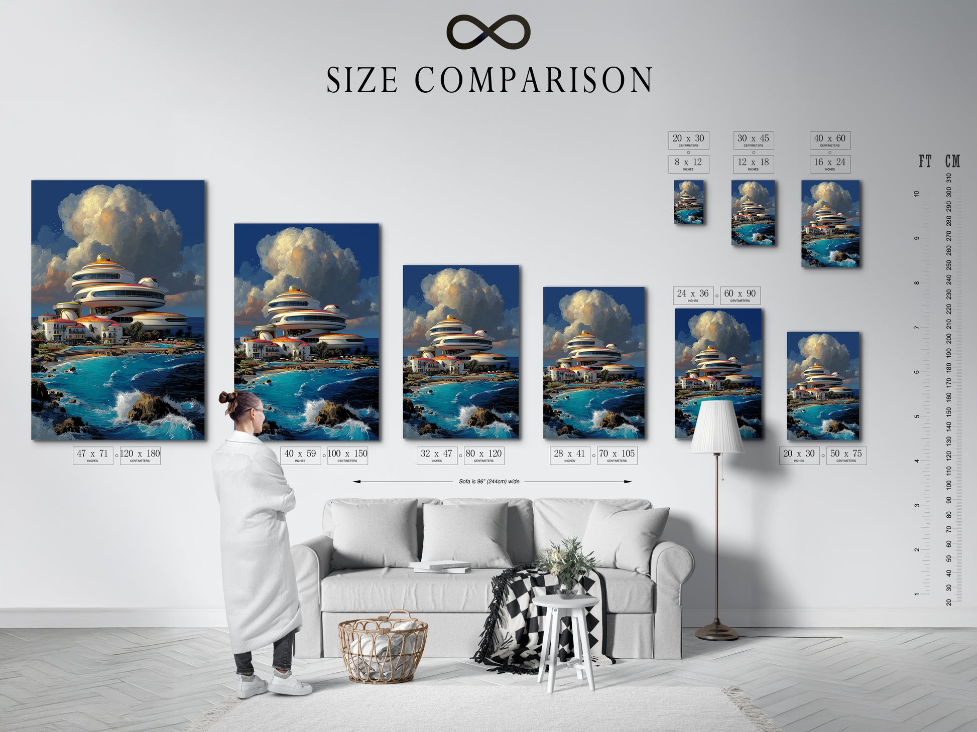 Size comparison chart for Futuristic Architecture art. See how our modern canvas art fits in various interior spaces. This coastal wall art complements any room. Visualize the impact of this sci-fi decor in your home or office before you buy.