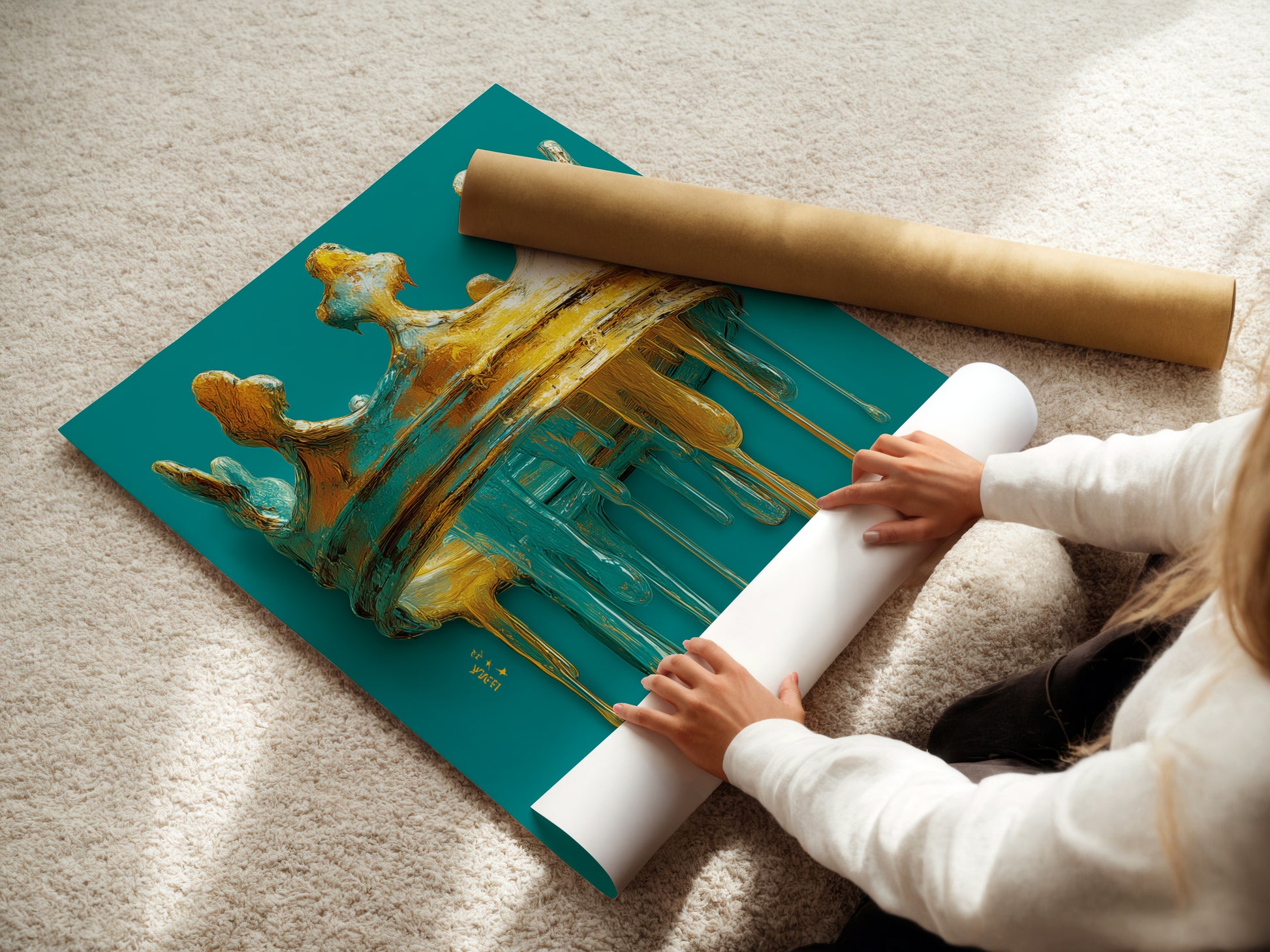 A woman is rolling a fine art poster paper. The paper is smooth and high quality. This type of paper is perfect for art prints. The woman is carefully handling the poster. The print will be vibrant and long lasting. Fine art posters offer great value.