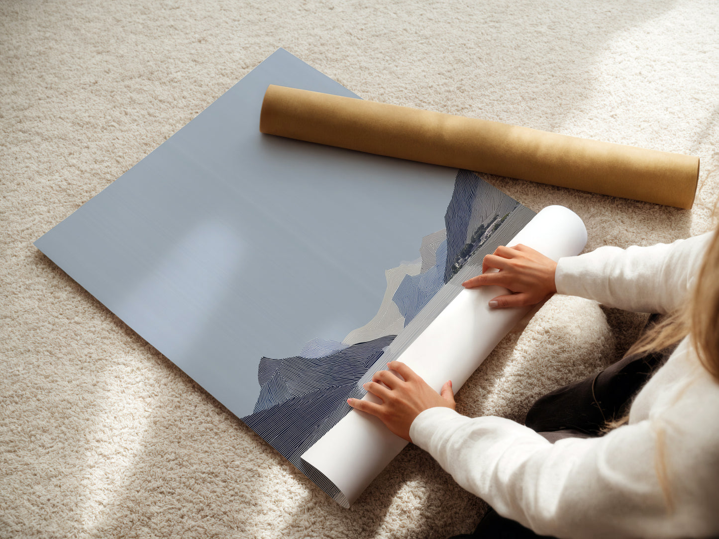 A woman carefully rolls a fine art poster paper. High-quality materials are used. The poster paper ensures vibrant colors. Preparing for framing or display. Explore our fine art printing services. Get your art ready to showcase.