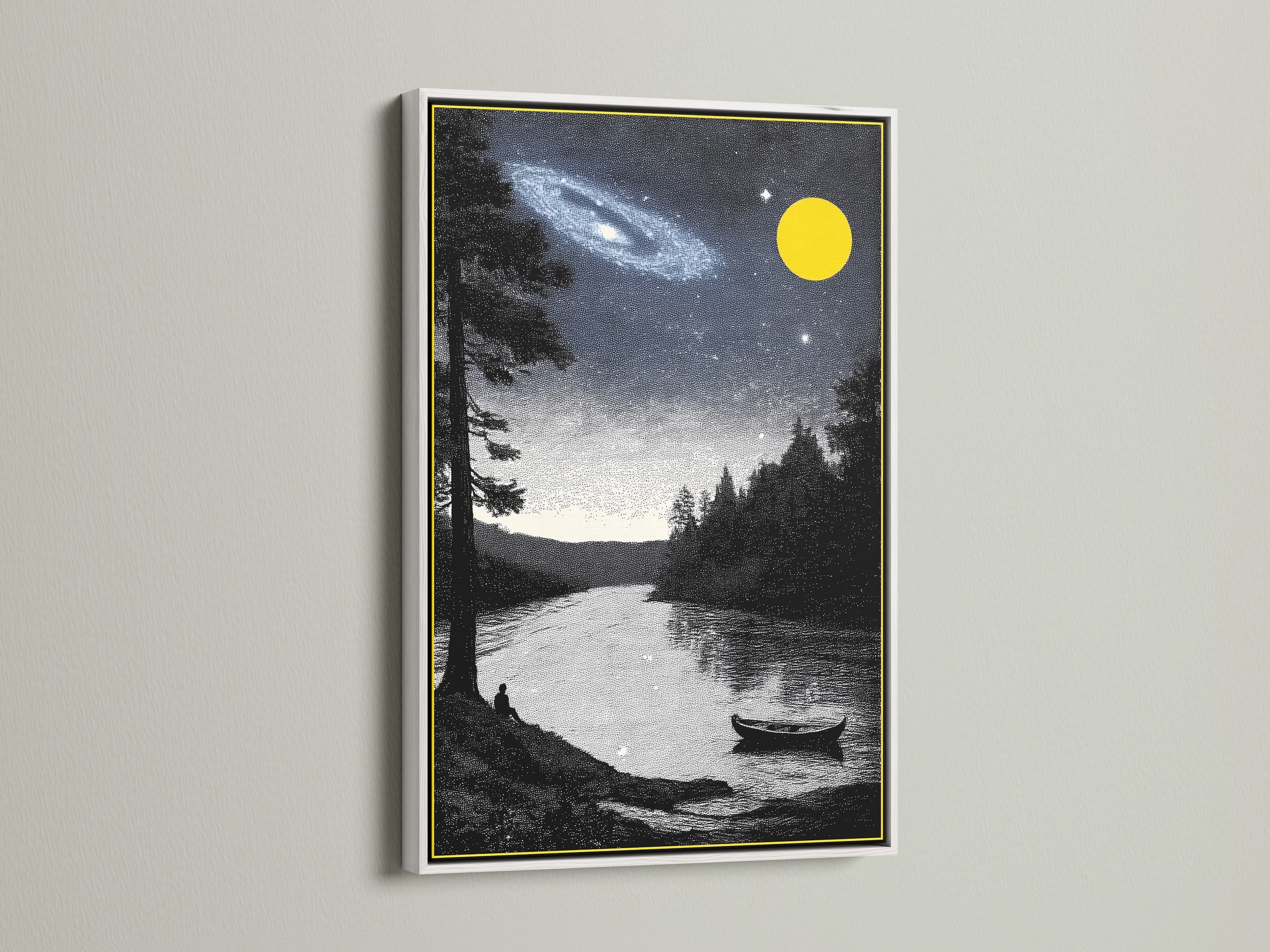 Night Sky Landscape artwork with a white frame. This art features a galaxy and lake wall art. The celestial art print enhances bedroom decor. This landscape artwork complements minimalist Scandinavian and contemporary styles. Perfect for retreats.