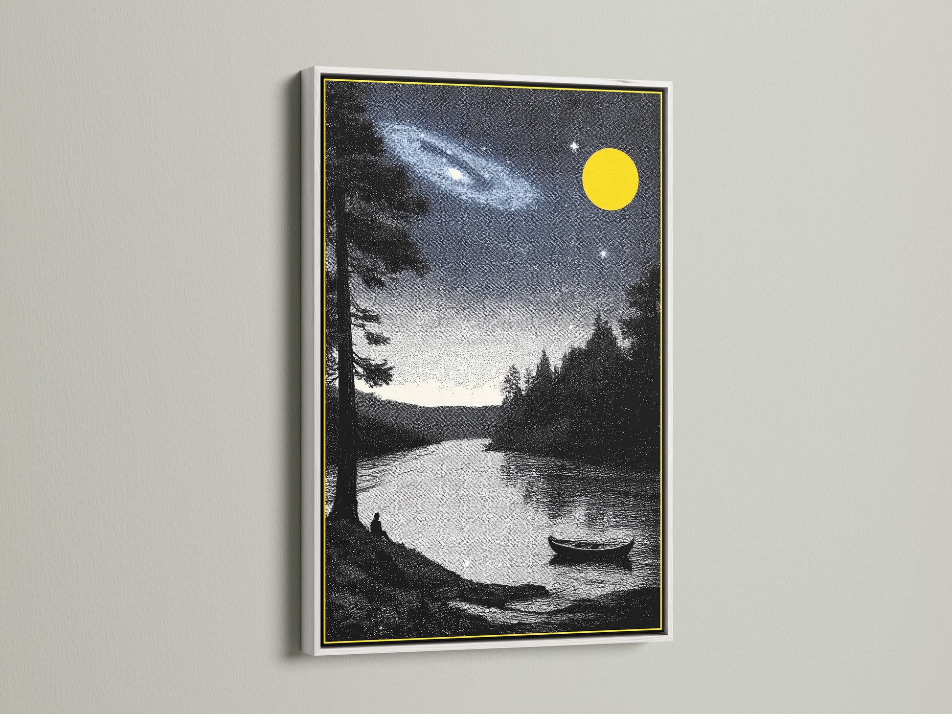 Night Sky Landscape artwork with a white frame. This art features a galaxy and lake wall art. The celestial art print enhances bedroom decor. This landscape artwork complements minimalist Scandinavian and contemporary styles. Perfect for retreats.