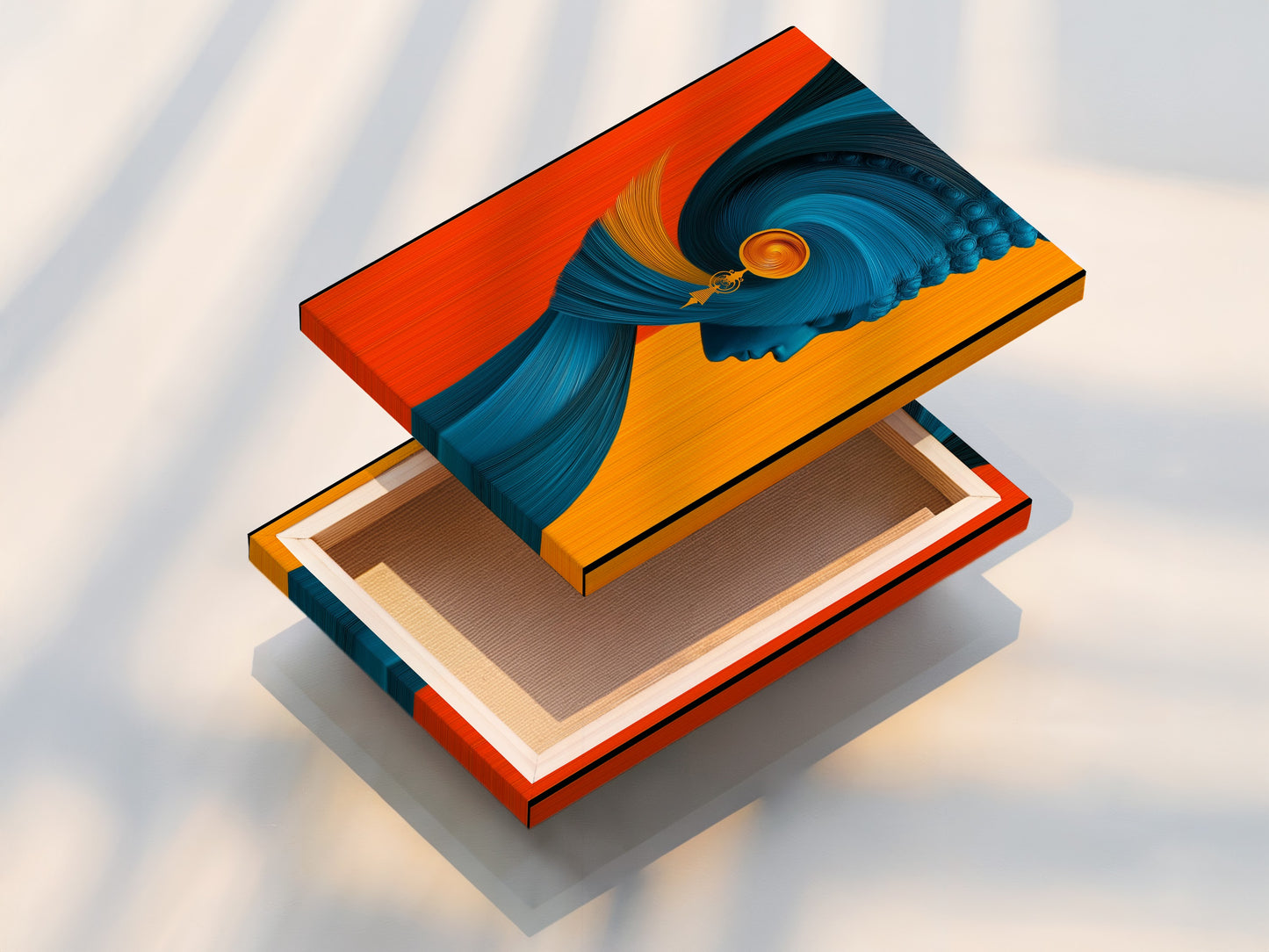 The stretched canvas print showcases the abstract woman artwork. The teal and orange colors are vivid and captivating. The modern portrait print is ready to hang. It provides a seamless addition to any living room bedroom or office wall art display.