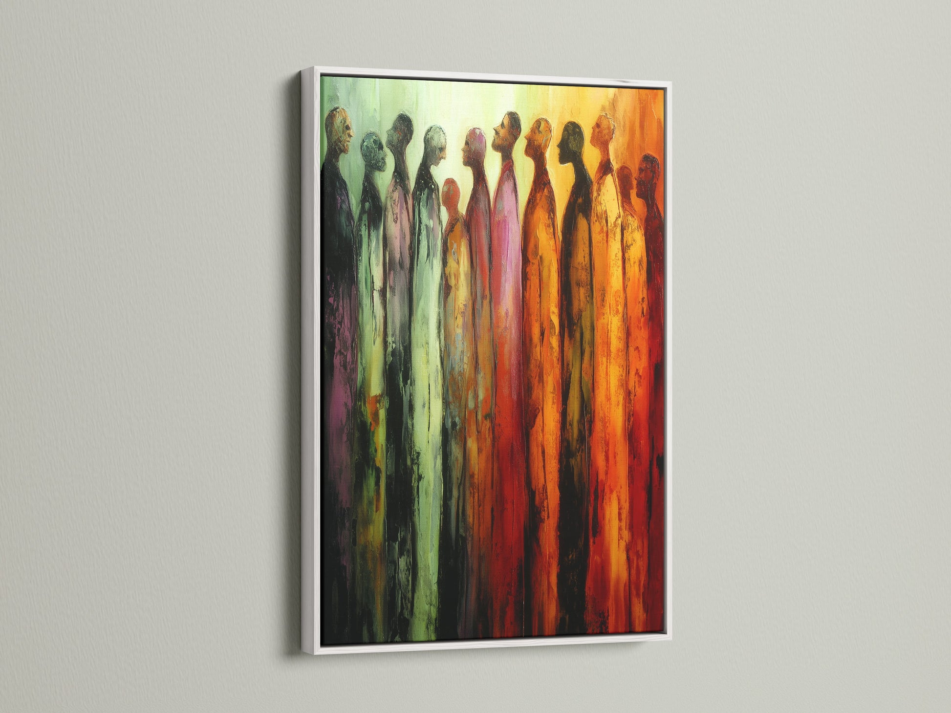 Abstract figures artwork in a white frame. This warm toned artwork is perfect as a modern art print. Ideal for gallery wall art. The white frame enhances contemporary print aesthetic. A unique wall art choice for any room.