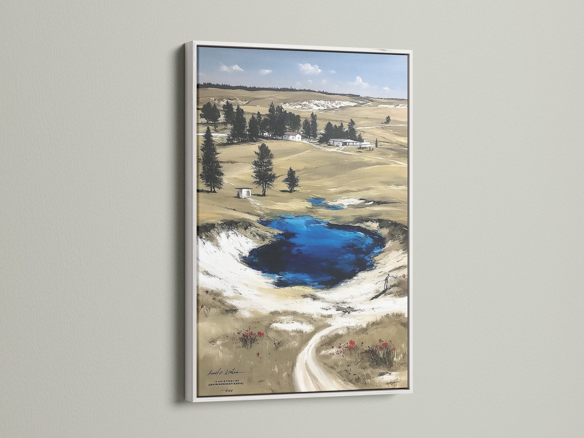 White frame displays Wyoming landscape artwork. Ideal for rustic farmhouse neutral or nature-inspired styles. The Grand Prismatic Springs Yellowstone National Park poster is great for living rooms cabins offices and libraries. Nature wall art brings scenic artwork to any space.