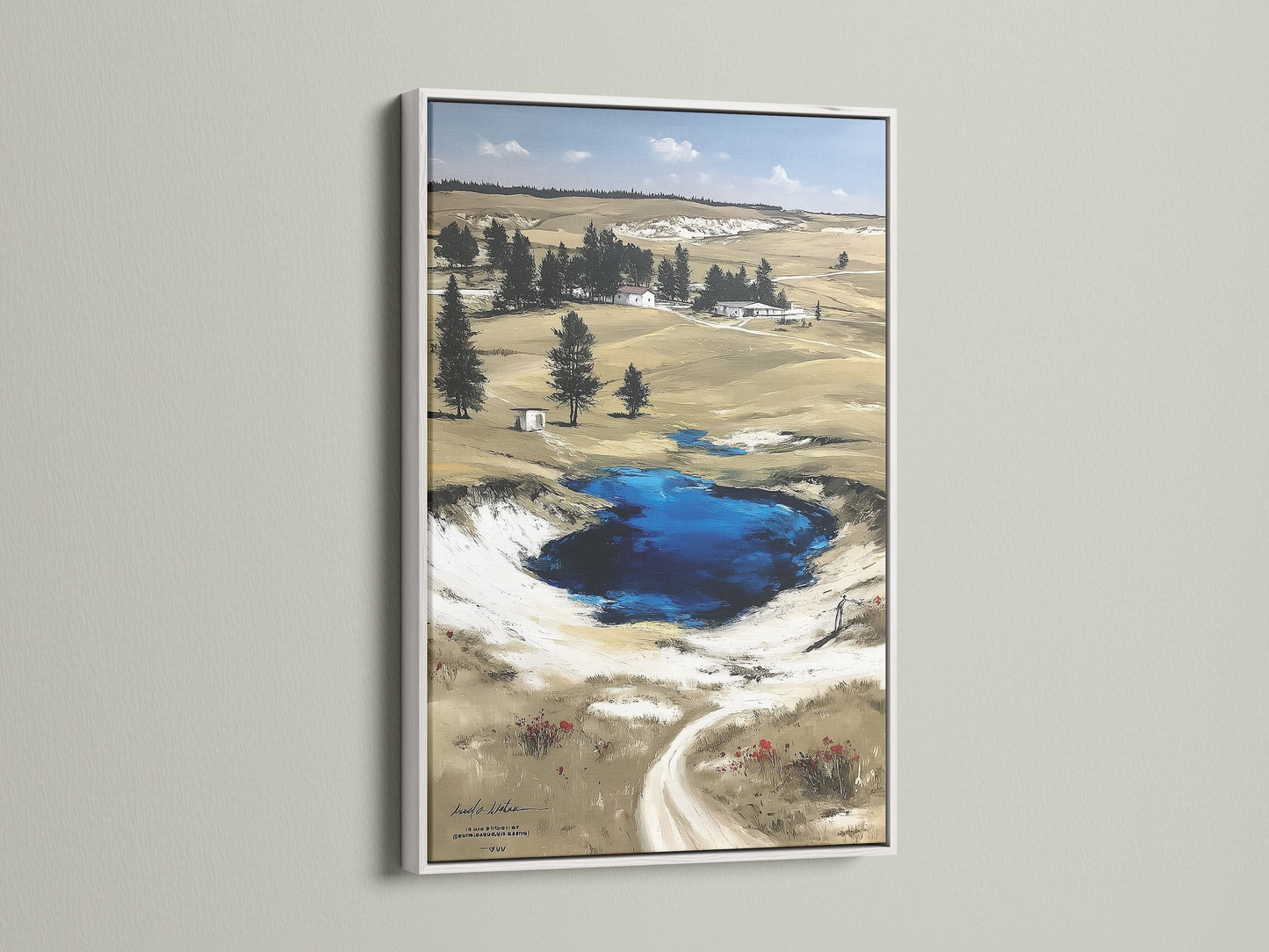 White frame displays Wyoming landscape artwork. Ideal for rustic farmhouse neutral or nature-inspired styles. The Grand Prismatic Springs Yellowstone National Park poster is great for living rooms cabins offices and libraries. Nature wall art brings scenic artwork to any space.