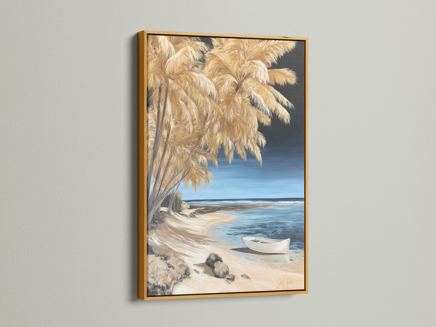 Coastal beach canvas artwork presented in a gold frame. The seascape artwork exudes elegance. A gold frame enhances the beach house art feel. Perfect for nautical wall art.