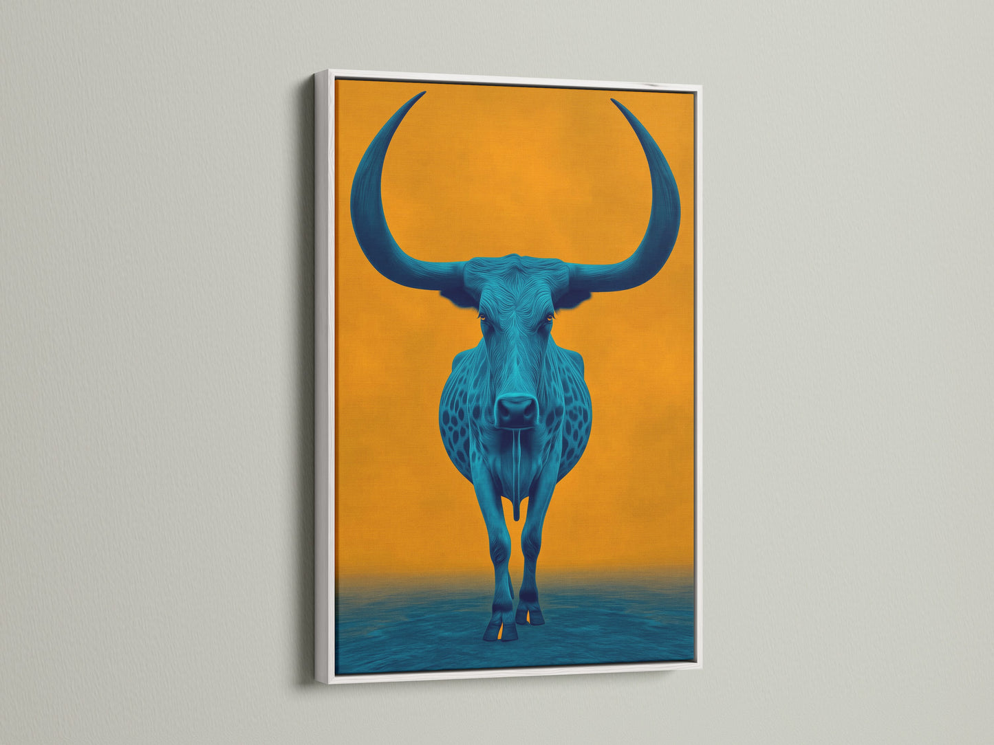 Discover the elegance of a white frame. It enhances this longhorn art piece. The teal blue bull stands out against the orange backdrop. The white frame offers a clean modern look. This artwork complements any room decor. Perfect for farmhouse or eclectic styles.