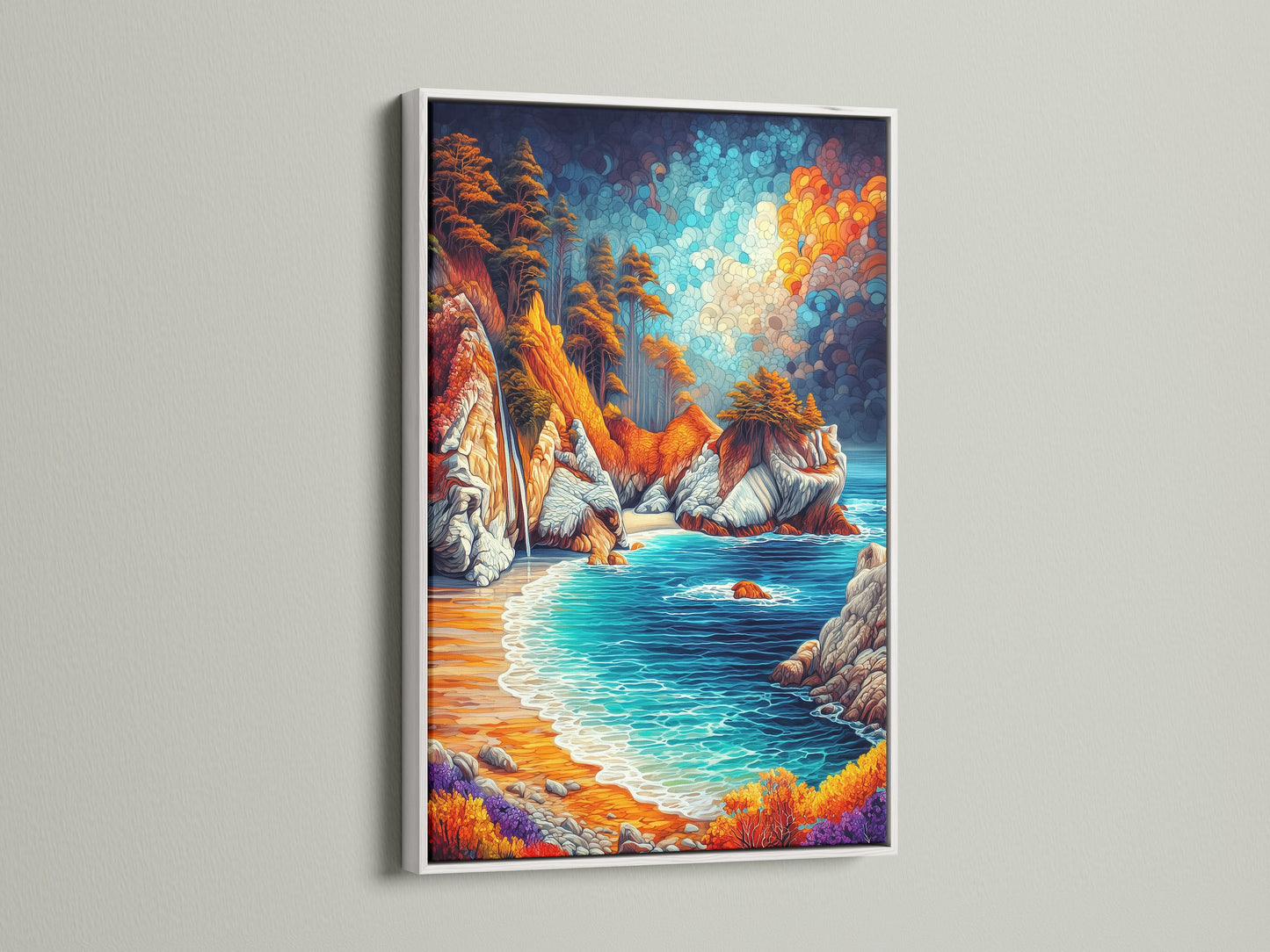 Coastal Landscape Artwork with a white frame. A serene ocean scene is beautifully captured in this artwork. The white frame adds a clean modern touch. Perfect for adding a vibrant splash of color to any room. A beautiful piece of nature canvas art.