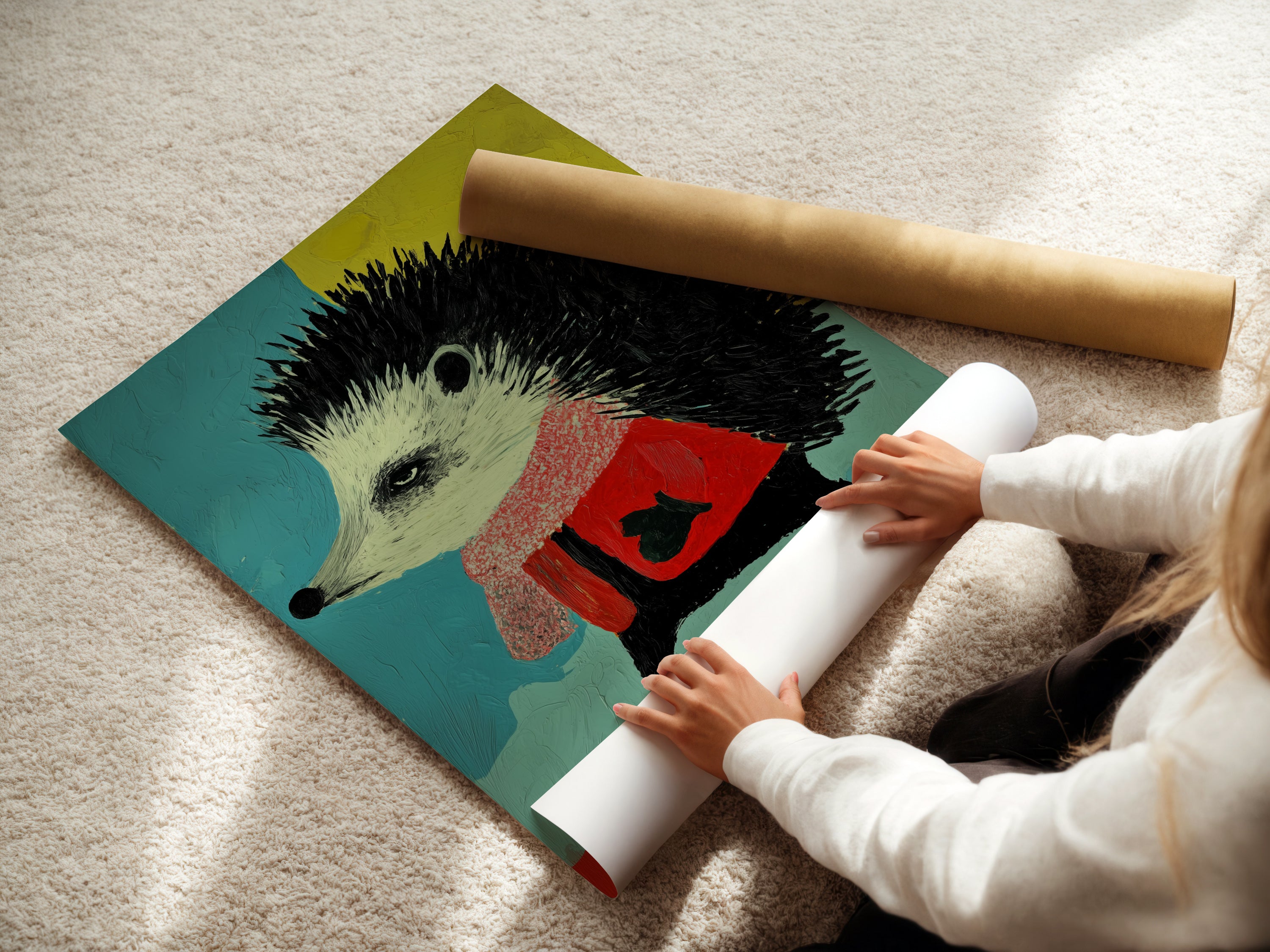 A woman is carefully rolling a fine art poster paper print of the hedgehog artwork. This whimsical animal canvas wall art is perfect for nursery decor. It is also great for kids' rooms. The colorful animal print adds a playful touch.