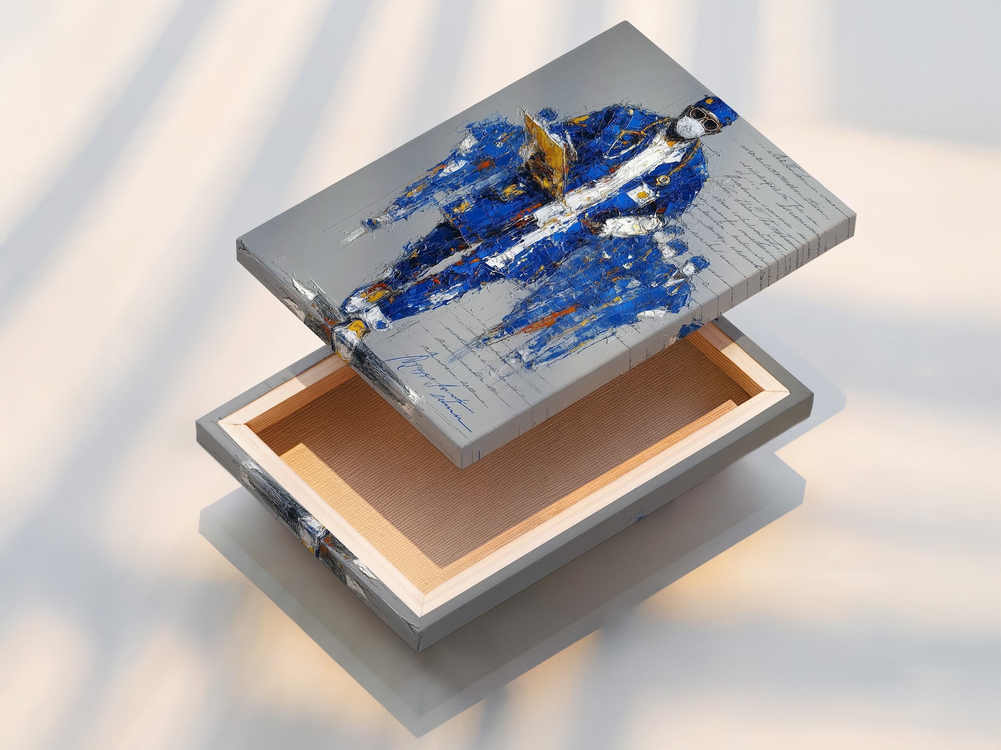 A stretched canvas print displays a blue abstract portrait. The artwork is ready to hang and enjoy. This medical heroes art is perfect for adding a touch of sophistication to any medical decor. Upgrade your office wall art today.