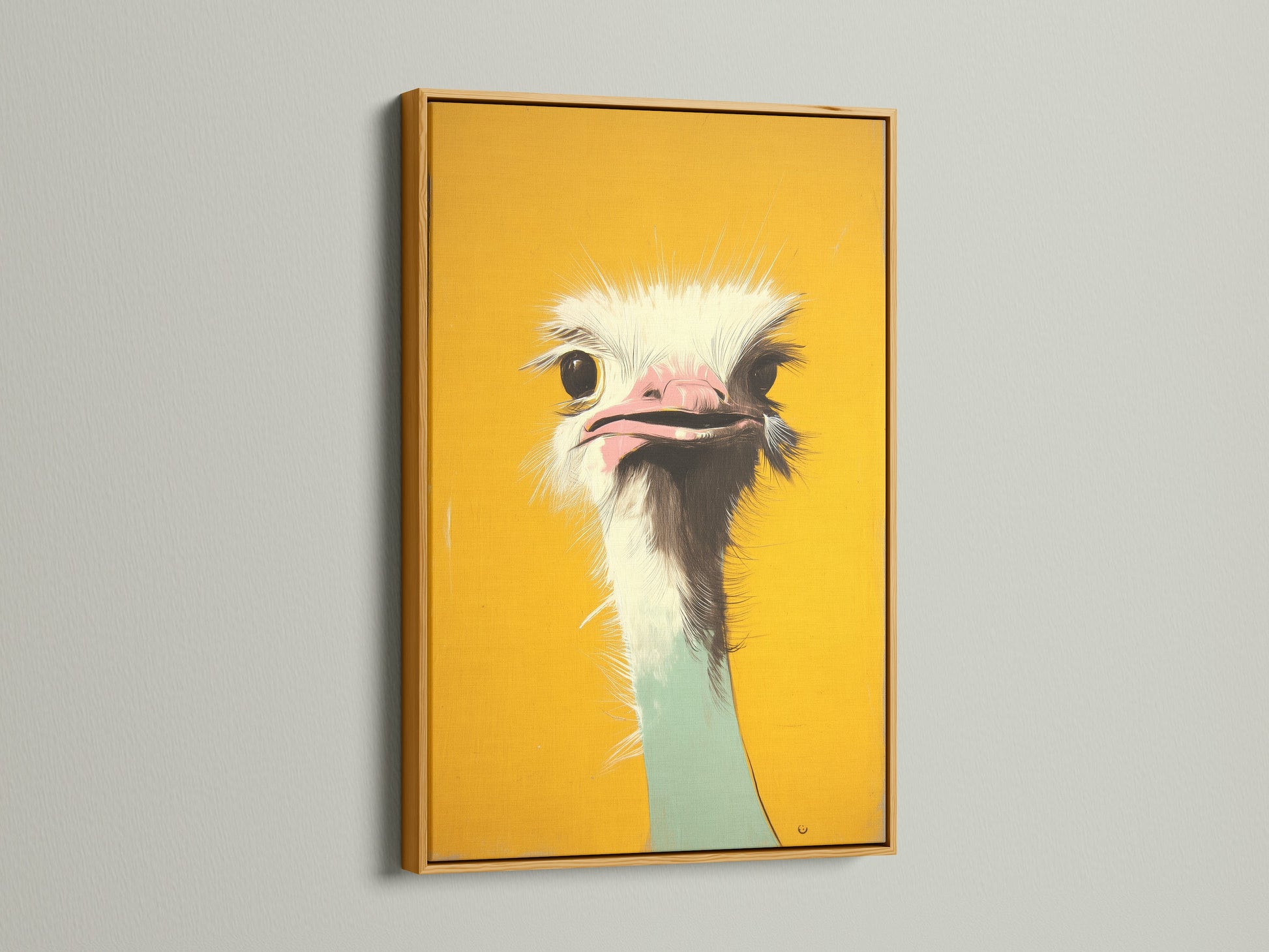 A colorful ostrich art print is luxuriously displayed in a gold frame. The gold frame adds a touch of opulence and glamour. This is a statement piece for any art lover. Shop our framed art collection.