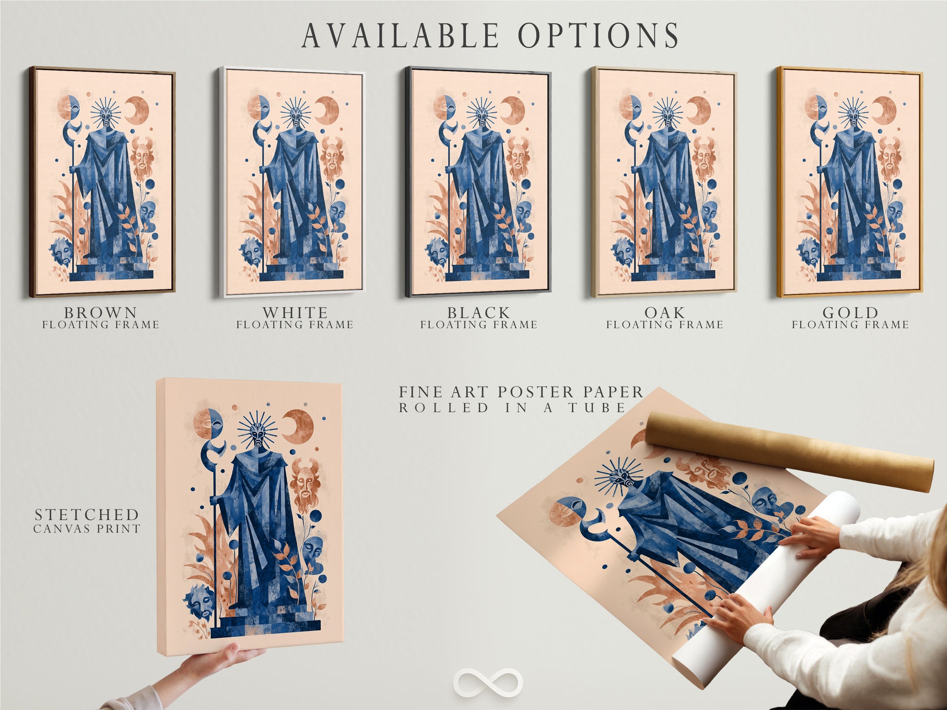 Available options for mystical tarot art. Options include stretched canvas prints fine art poster paper and floating frames. This celestial blue sage artwork is versatile. Choose the perfect style for your space.