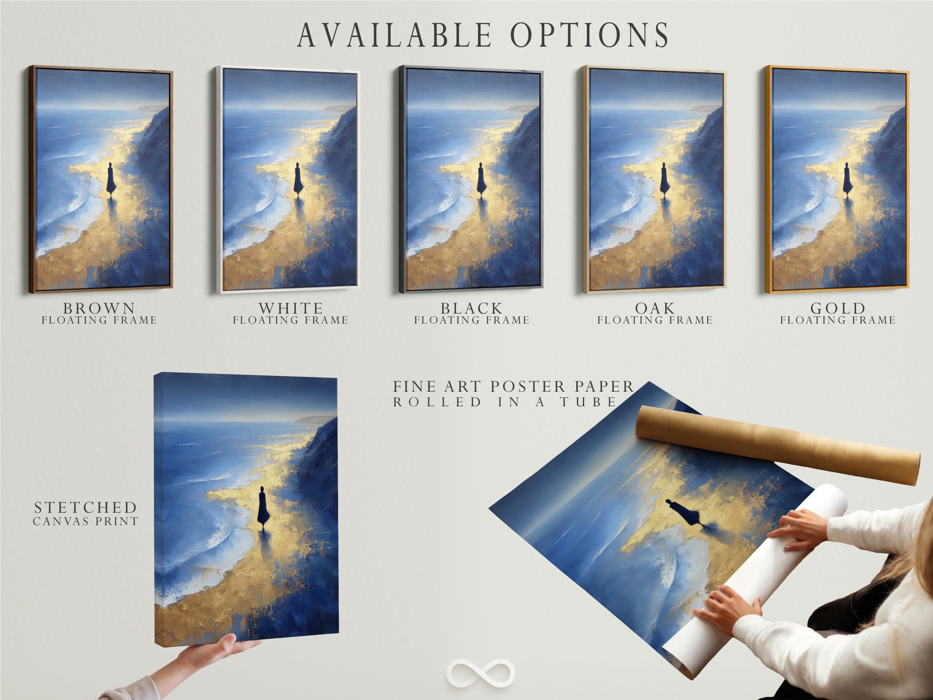 Explore the available options for the Ocean Reflection artwork. Choose from a stretched canvas print. Fine art poster paper or a floating frame to customize your coastal wall art. Find the perfect blue and gold abstract to complement your home's style and decor today.