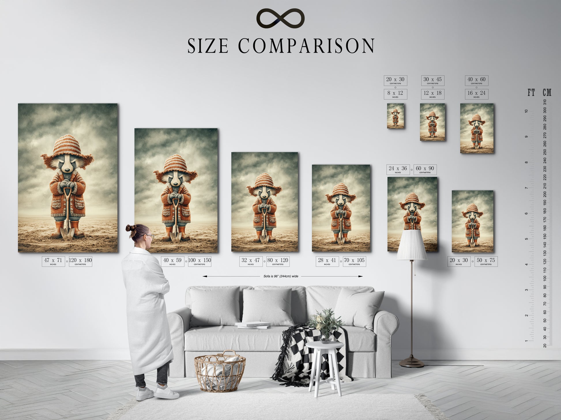A size comparison chart is displayed in a cozy interior setting. This chart helps visualize the artwork's dimensions. See how the raccoon wall art fits in various spaces. Perfect for planning your woodland nursery decor. Choose the ideal size for your kids room art.