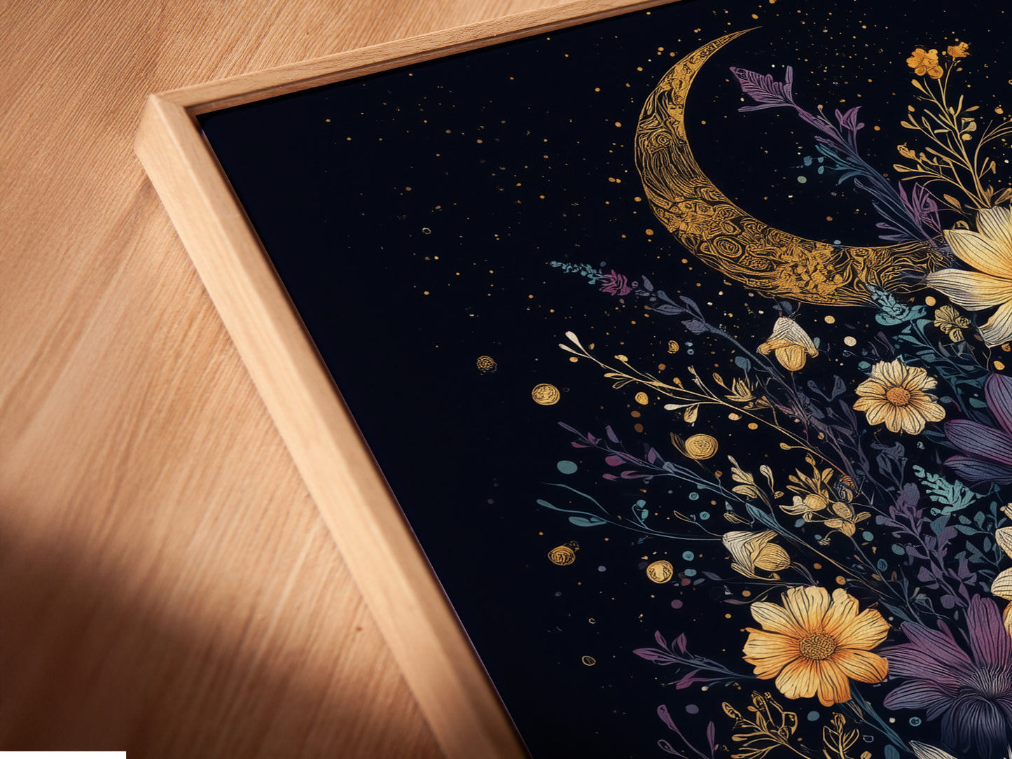 Here is a detailed view of the zebra in bathtub canvas print. The artwork features a zebra in a bathtub filled with water. Flowers and a moon decorate the artwork. The art is in a floating frame. Upgrade your space with this whimsical animal artwork.