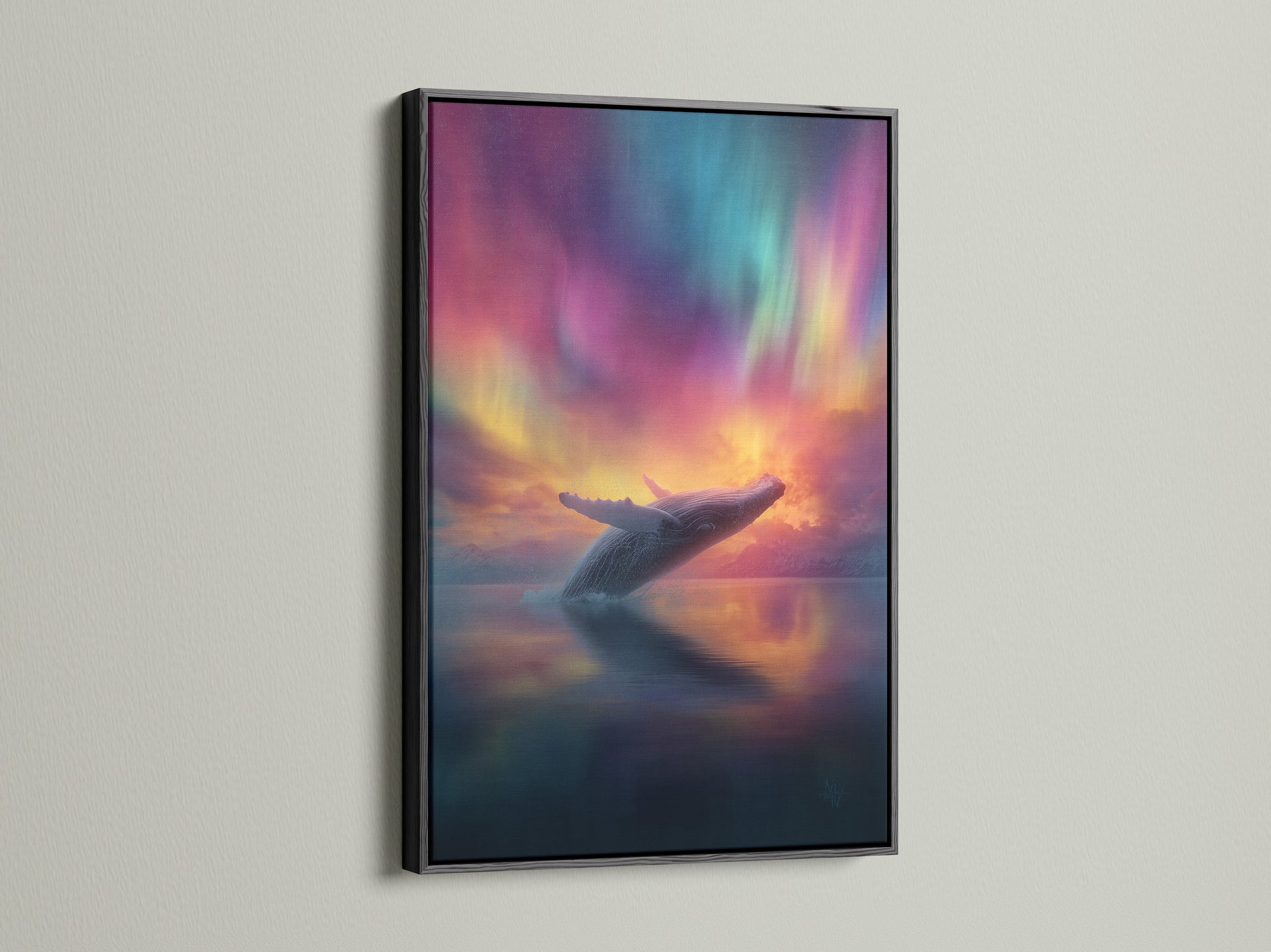 Artwork featuring a whale breaching under the northern lights. The art is displayed in a black frame. The black frame adds a bold statement. It makes the colors pop. It is a striking addition to any room. Perfect for contemporary art enthusiasts.