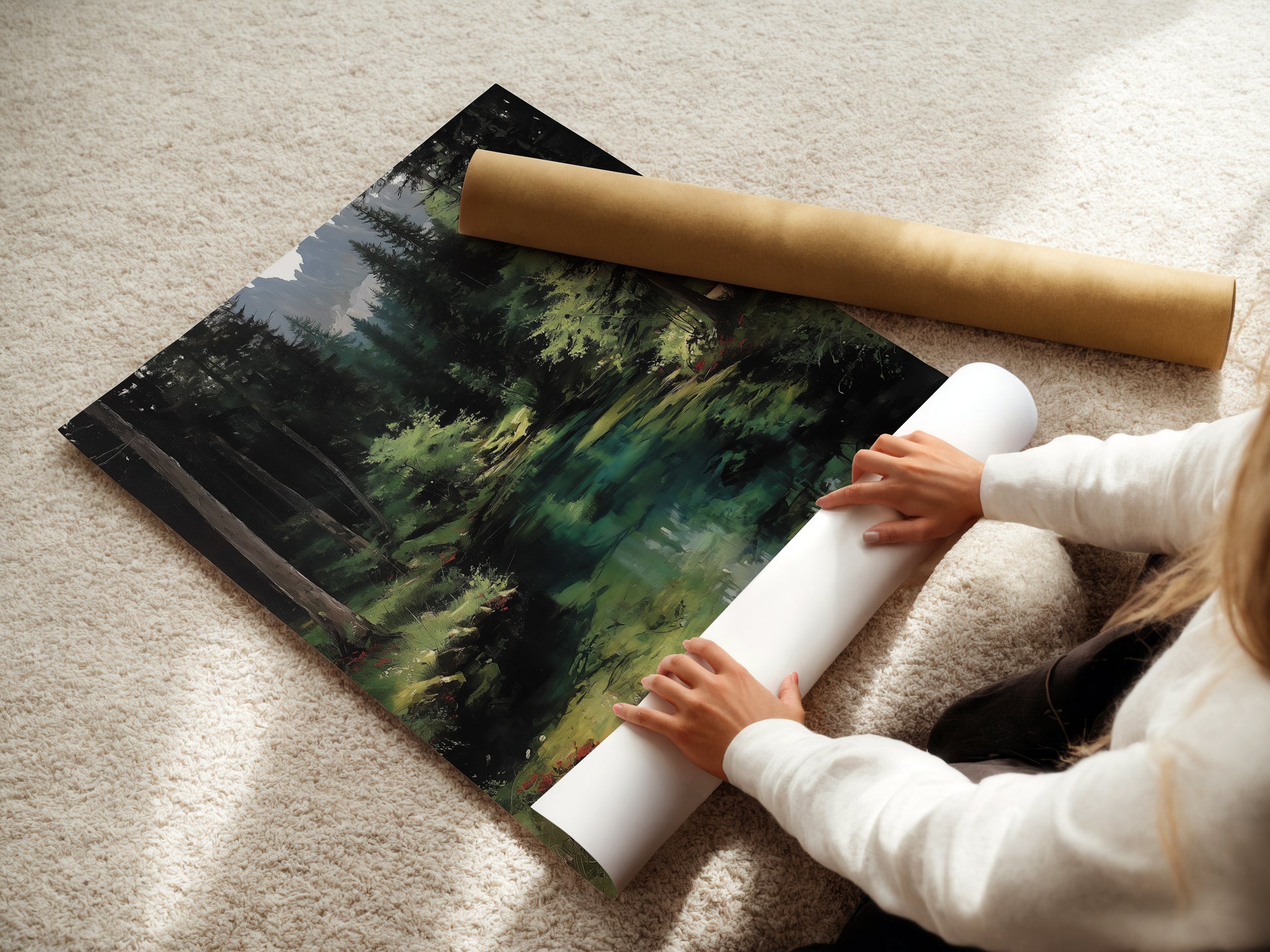 A woman is carefully rolling a fine art poster paper. She is preparing the forest river artwork for display. The emerald green wall art is ready to enhance your space. This woodland landscape painting captures a serene river landscape. Choose fine art poster paper for a classic look. Perfect for cabin decor or a peaceful home.