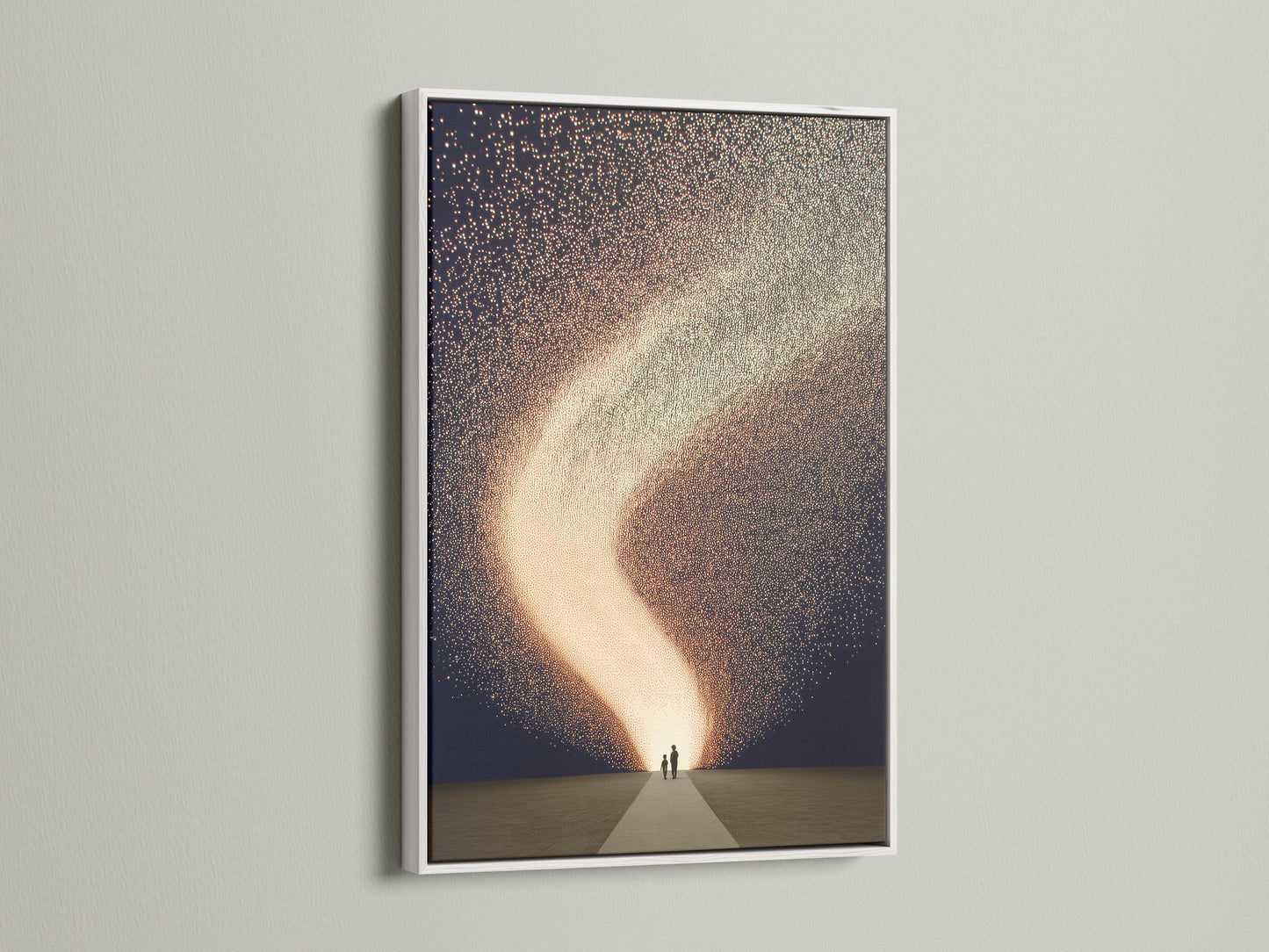 Abstract family artwork framed in a sleek white frame. The celestial art print adds a modern touch to your nursery wall art. This cosmic sparkle canvas enhances any room. Perfect for minimalist Scandinavian or eclectic styles. Bring a dreamy and starry night art to your home decor.