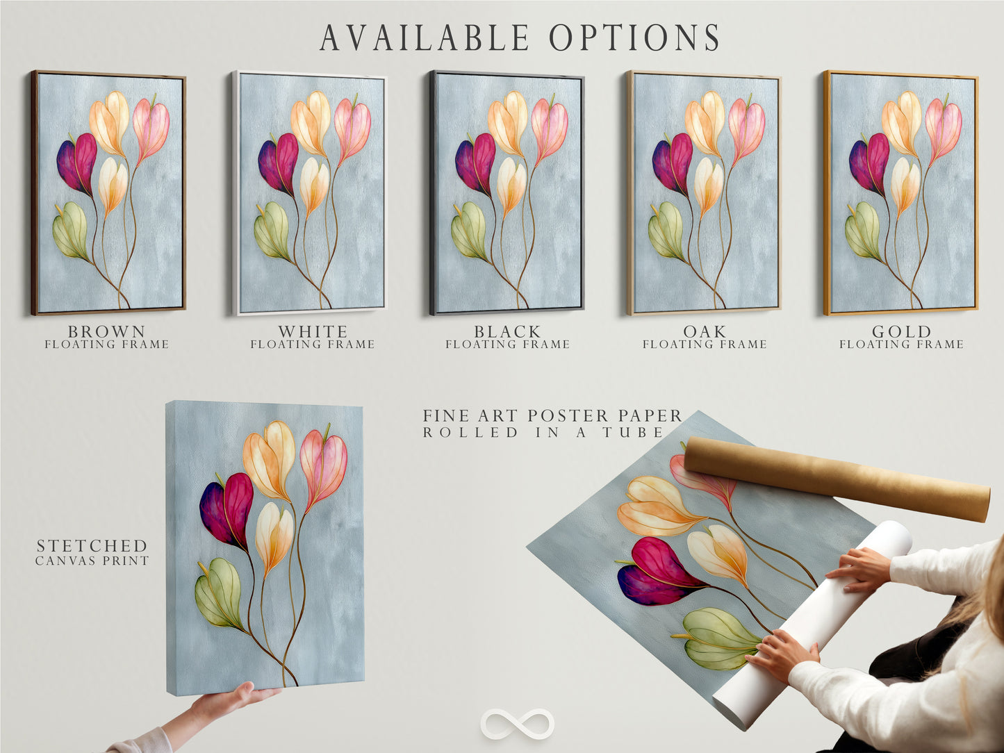 Available options are displayed including a stretched canvas print fine art poster paper and a floating frame. The floral watercolor artwork looks stunning in each format. Choose the perfect option for your modern art print needs. Ideal for bedroom wall decor or office wall art.