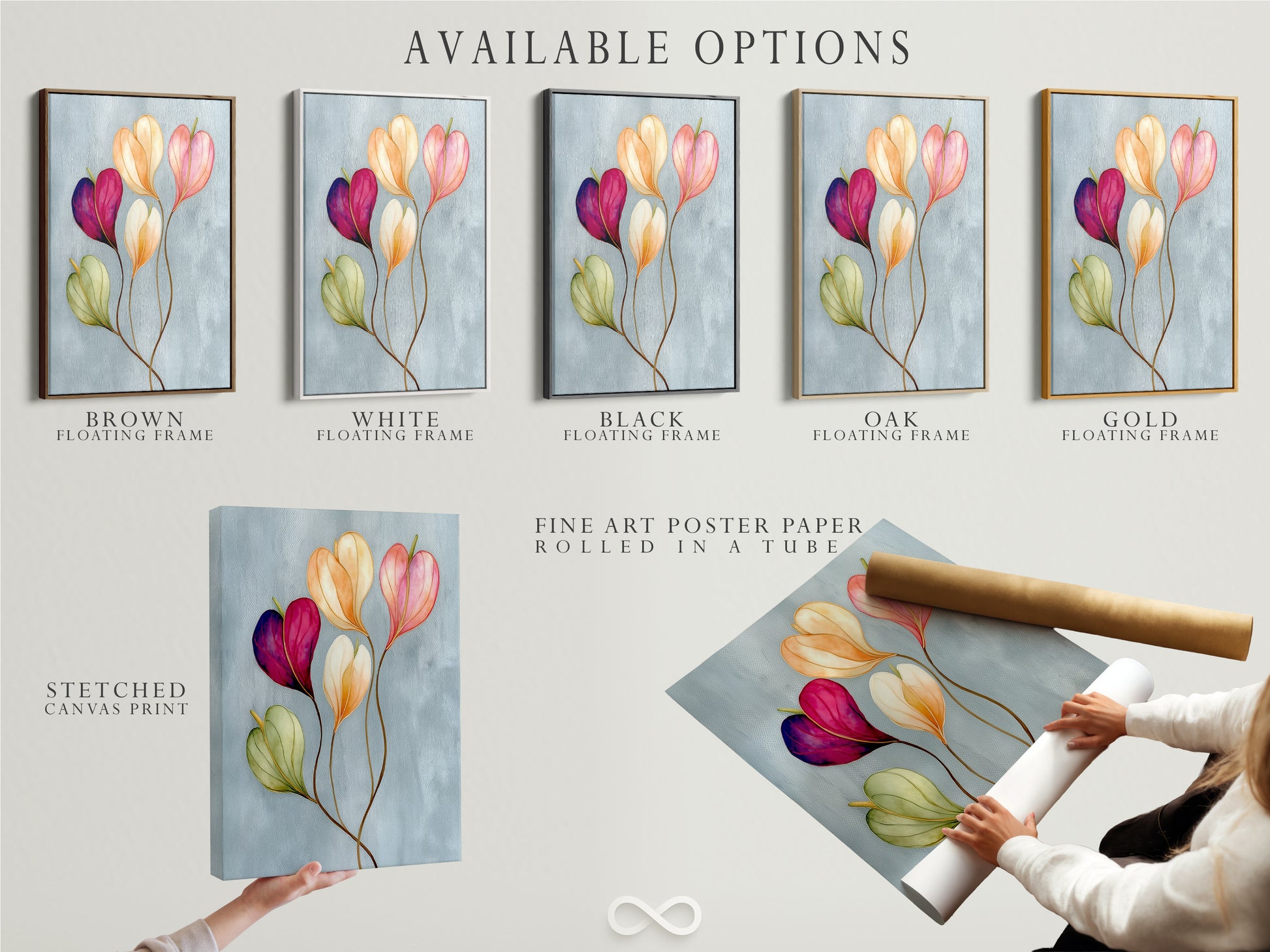 Available options are displayed including a stretched canvas print fine art poster paper and a floating frame. The floral watercolor artwork looks stunning in each format. Choose the perfect option for your modern art print needs. Ideal for bedroom wall decor or office wall art.