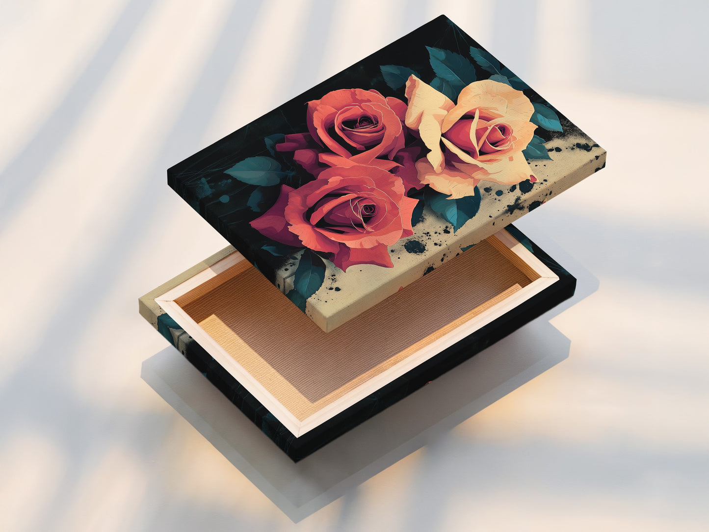 This is a stretched canvas print. It features beautiful peach and coral roses. The canvas is stretched perfectly. Ready to hang and admire. Ideal for adding floral art to any room. This canvas enhances the botanical artwork