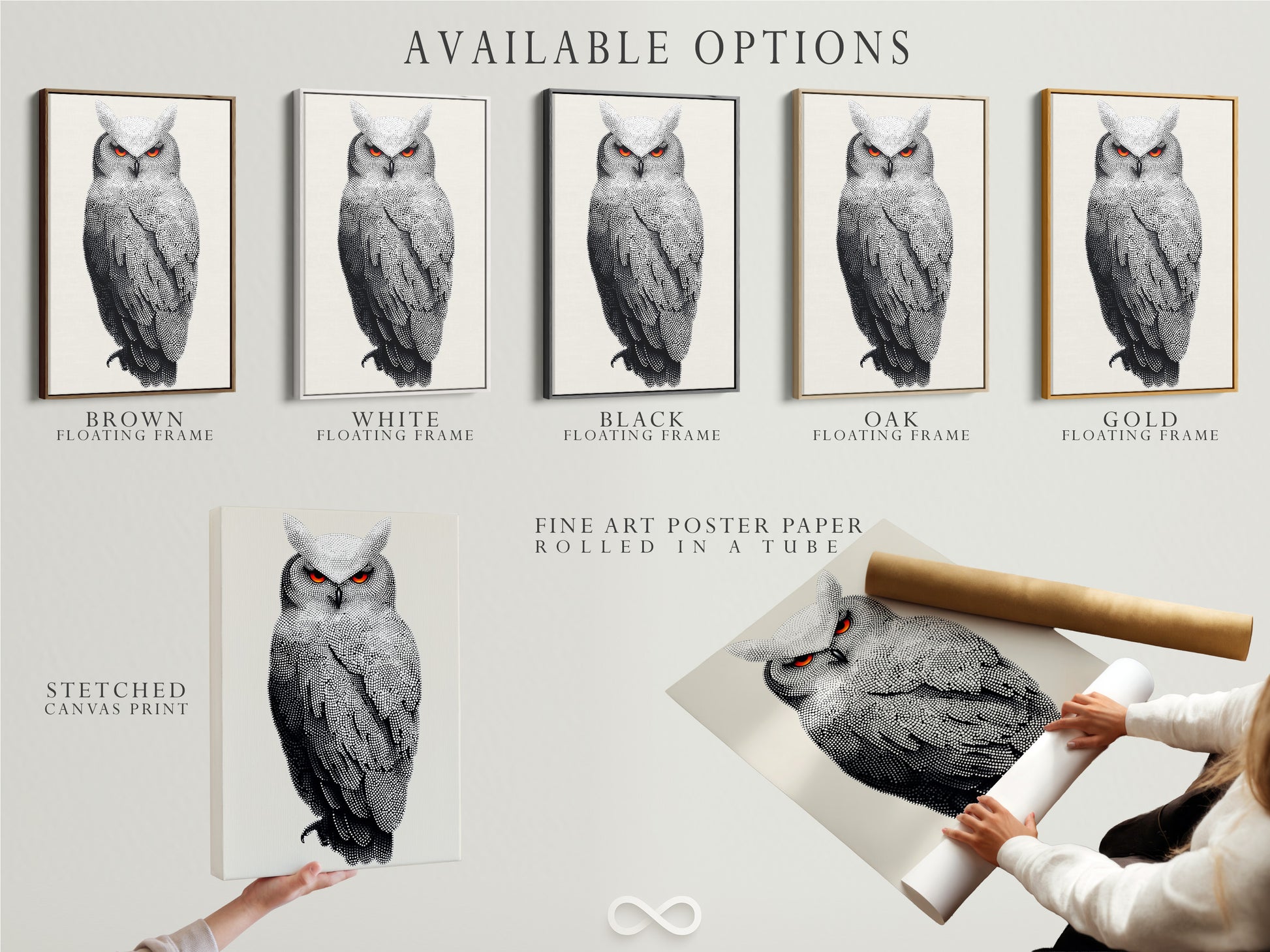 Explore available options for owl artwork. Choose from stretched canvas prints fine art poster paper and floating frames. Dotted wildlife canvas art offers modern animal decor. Find the perfect style for your space.