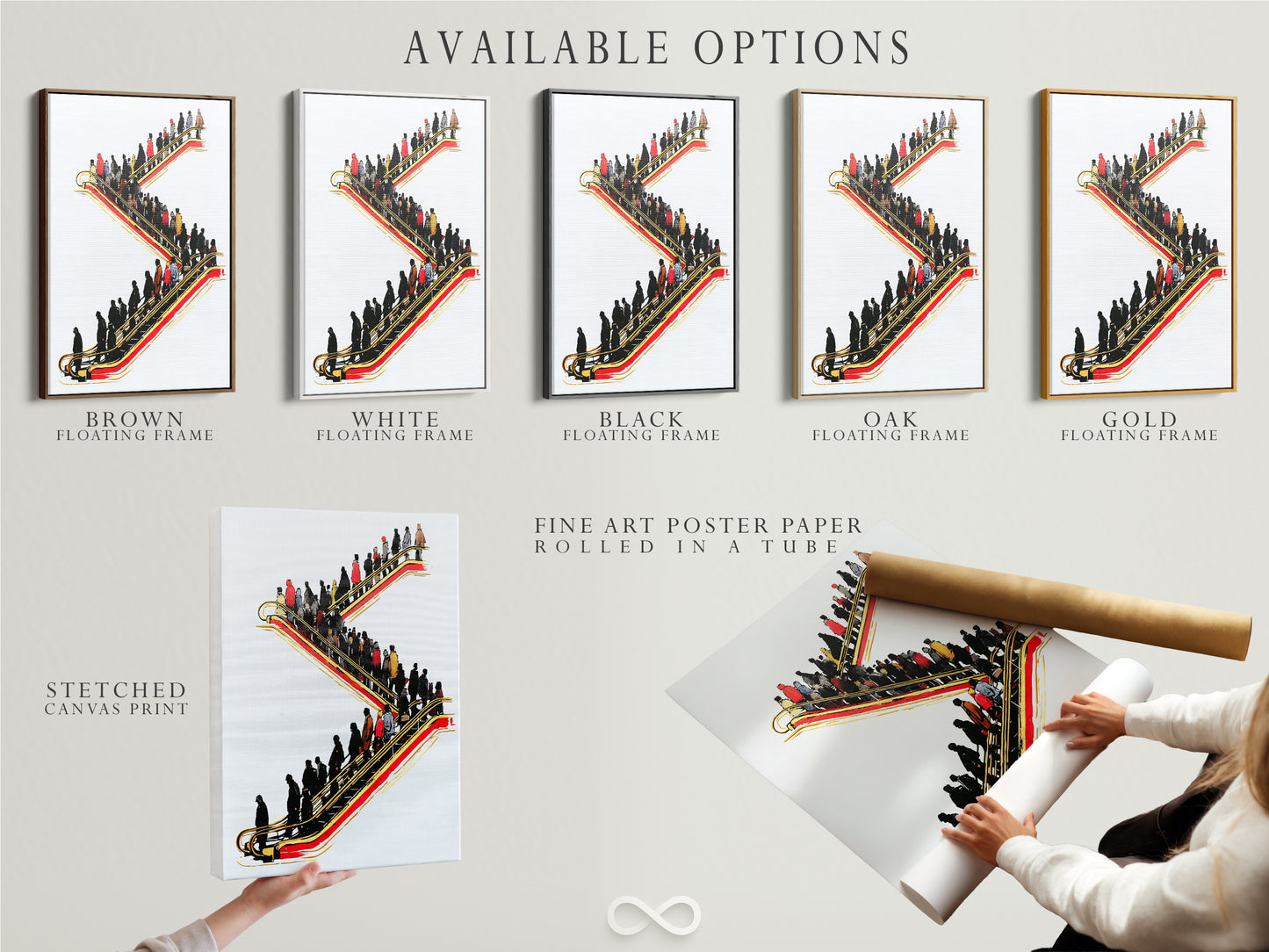 Explore available options for your escalator artwork. Choose between stretched canvas print fine art poster paper and floating frame. Each option offers a unique aesthetic. Find the perfect fit for your office style. Elevate your space with modern art.