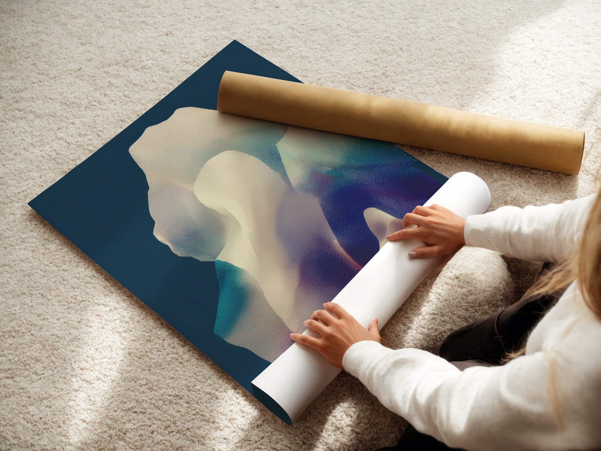 A woman is carefully rolling fine art poster paper. High-quality paper ensures a perfect print. Preserve your artwork with care. This step is essential for protecting fine art. Experience the quality of our printing process.