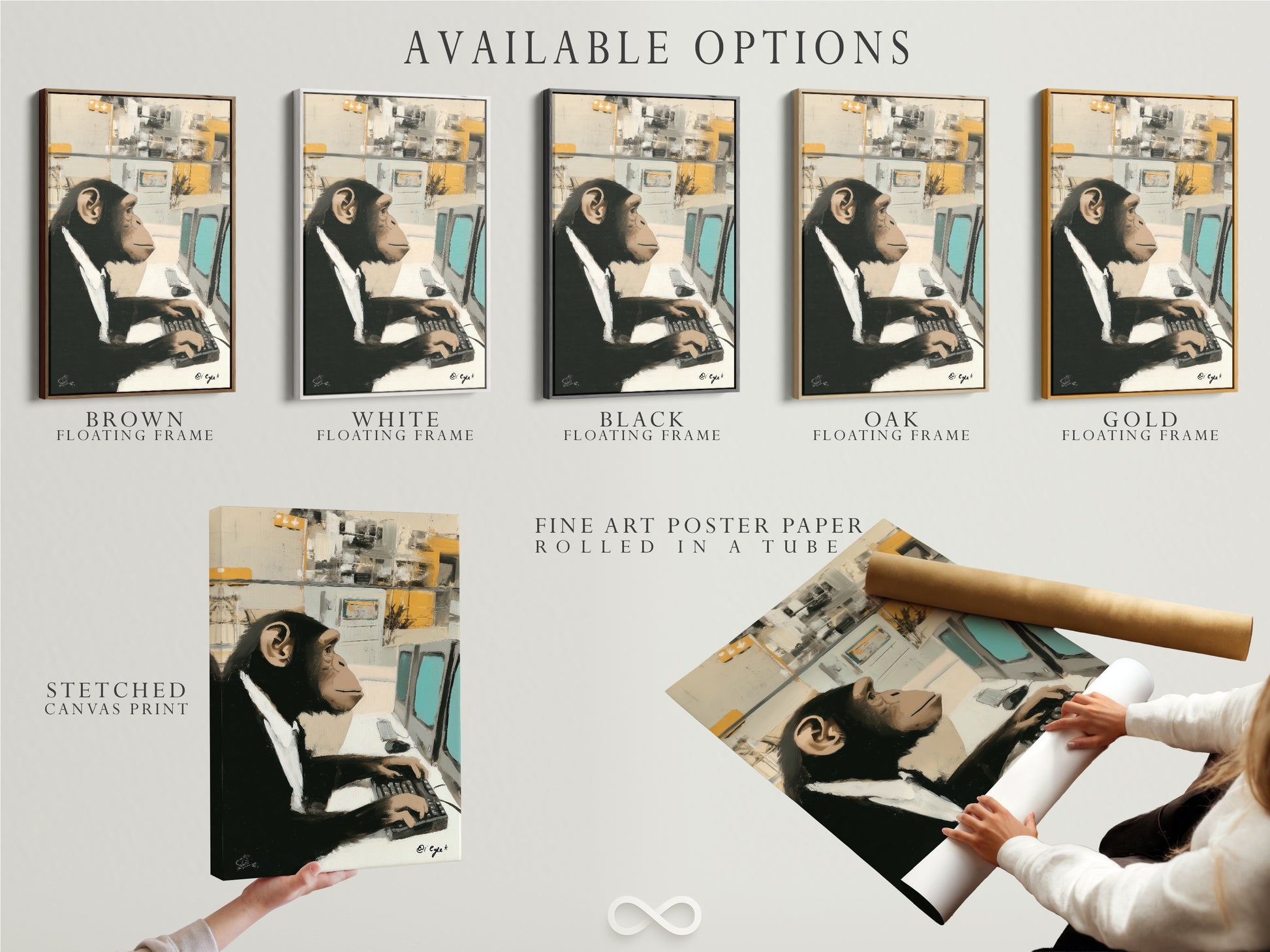 Available options for the Monkey Office Art Print are displayed. Choose from a stretched canvas print a fine art poster paper or a floating frame. Each option offers a unique way to showcase this funny animal artwork. Find the perfect style to match your office decor. This primate artwork is customizable to your needs.