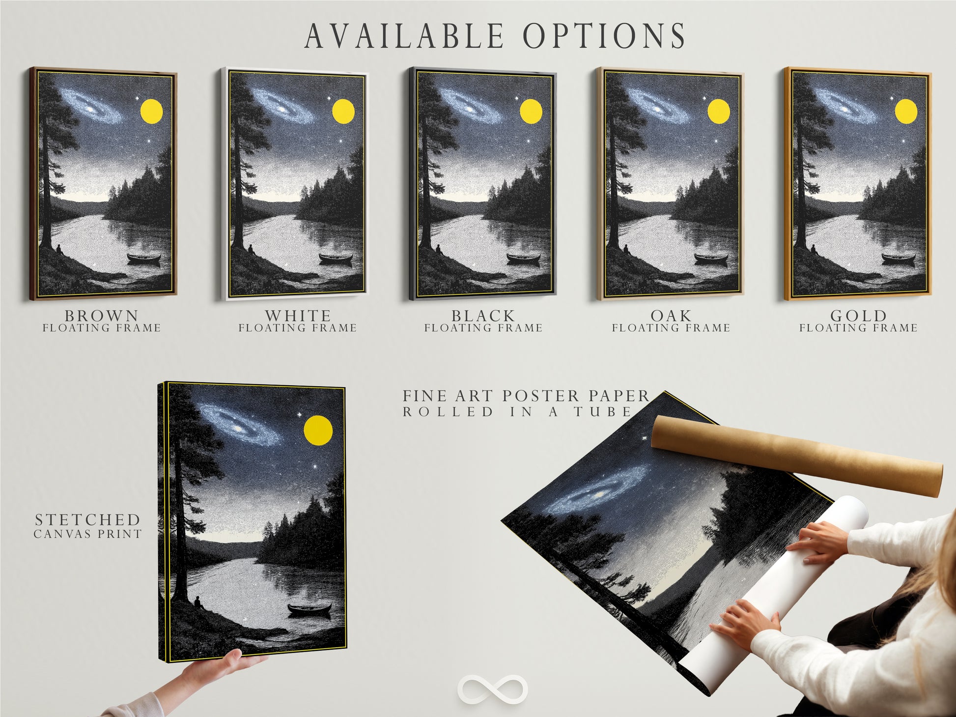 Available options include a stretched canvas print fine art poster paper and floating frame. Choose your preferred style for the Night Sky Landscape artwork. This galaxy and lake wall art can match any interior. Personalize your celestial art.
