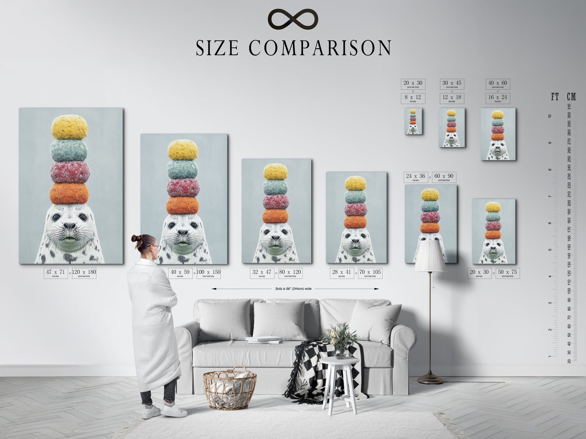 Size comparison chart displayed in an interior setting featuring the whimsical seal artwork. See how our art prints fit into your space. Visualize the perfect size for your wall decor. Explore our range of sizes and options for canvas prints and fine art posters. Find the ideal artwork for your home.