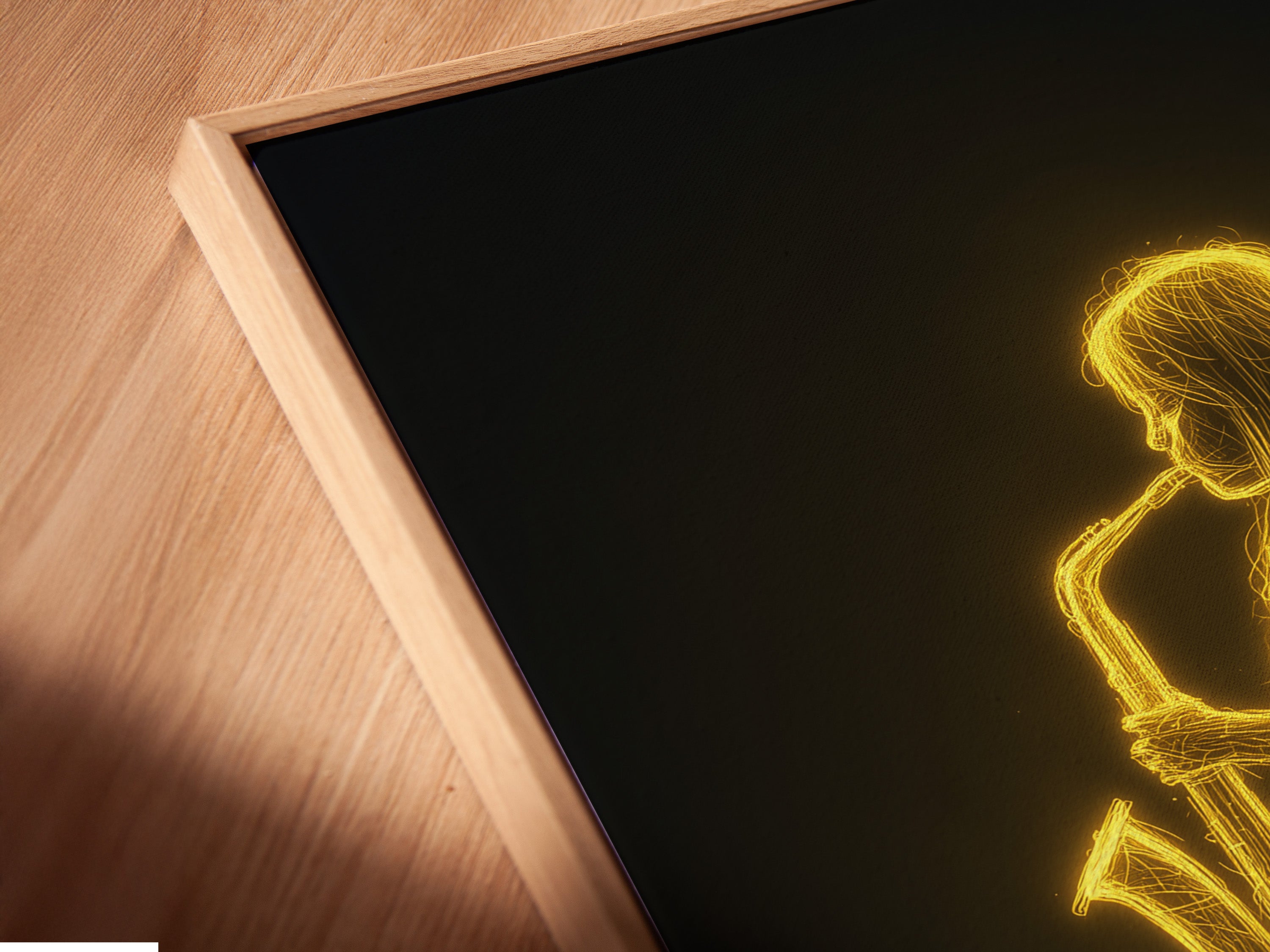 A close up angled shot shows a canvas print in a floating frame. The Saxophone Player artwork appears to hover. This adds depth and dimension to the jazz wall art. It is a modern way to display your favorite art