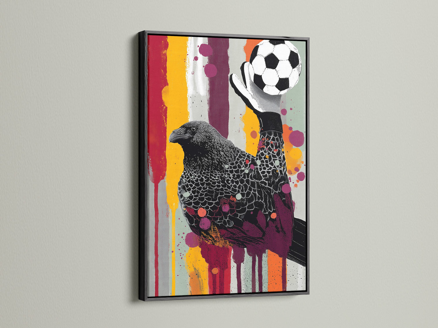 Raven Goalkeeper print in a black frame. This is abstract sports artwork for kid's room decor. The soccer bird art is ideal for teen spaces. It is a modern gray and red print. This unique artwork is a great sports gift.